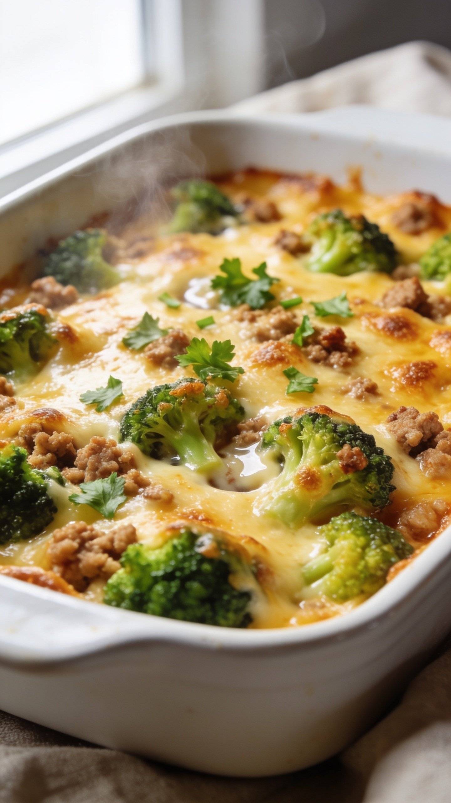 Ultra-close hero shot of a freshly baked high-protein ground turkey broccoli casserole in a white ceramic baking dish, filling 90â95% of the frame. Golden-bubbly melted cheese layer on top with lightly crisped edges, flecks of browned ground turkey peeking through, bright green broccoli florets nestled throughout, and a creamy, glossy sauce visible in small pockets. A few freshly chopped parsley leaves scattered on top for color. Bright natural window light from the left, shallow depth of field blurring a neutral linen in the background, steam subtly rising, premium food-blog styling, rich textures, vibrant colors.
