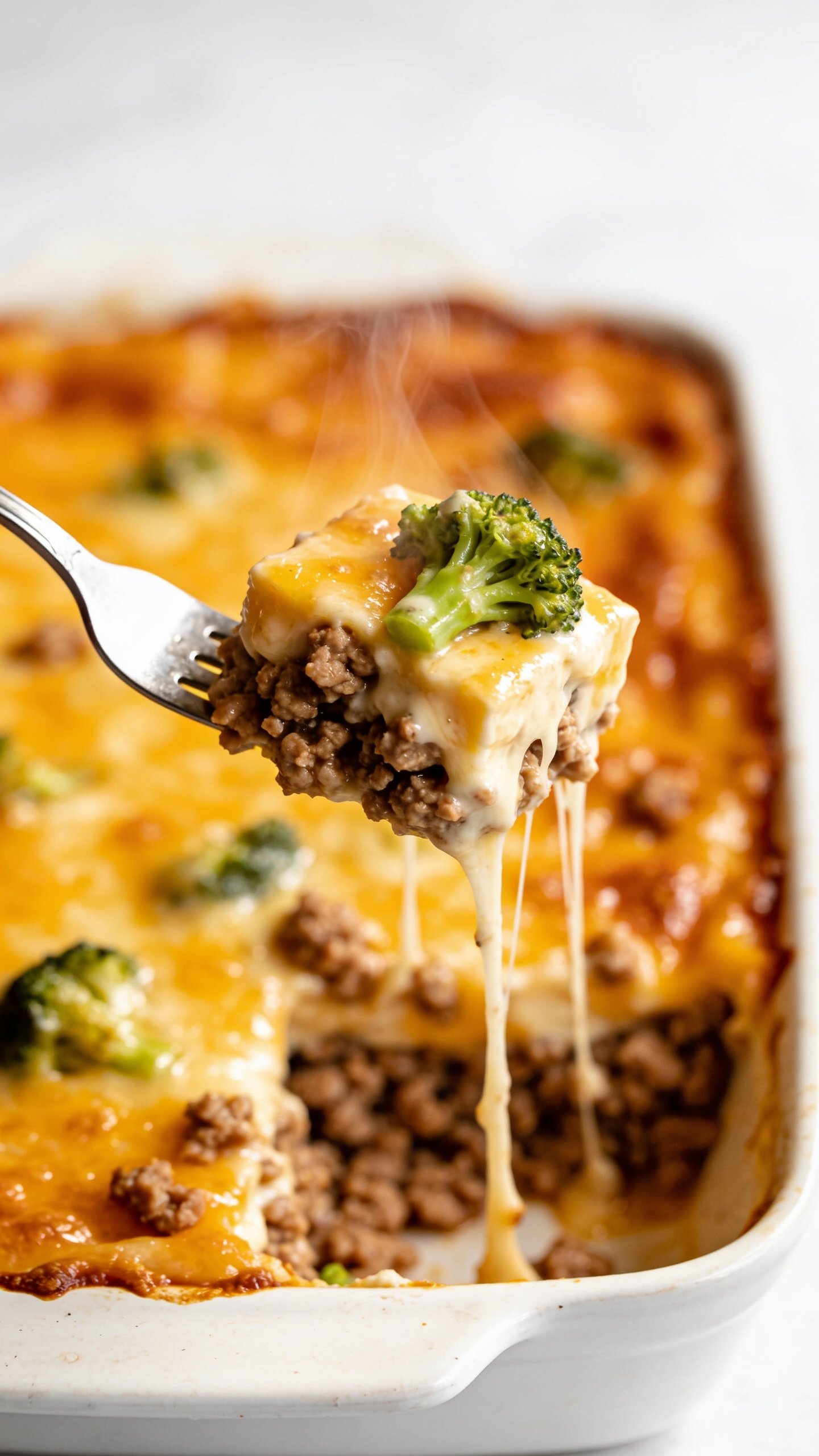 Dynamic action close-up capturing a fork lifting the perfect cheesy bite from the same casserole, one second before reaching a mouth. The fork lifts a steaming cube of casserole with strands of melted cheese stretching back to the dish, showing browned ground turkey crumbles, a vivid broccoli floret, and creamy sauce clinging to the bite. The baking dish remains in the background with a glossy, golden top and crisped edges, 90â95% of the frame filled with food. Bright natural lighting, shallow depth of field, no hands visible, movement frozen for maximum anticipation, premium food-magazine look.