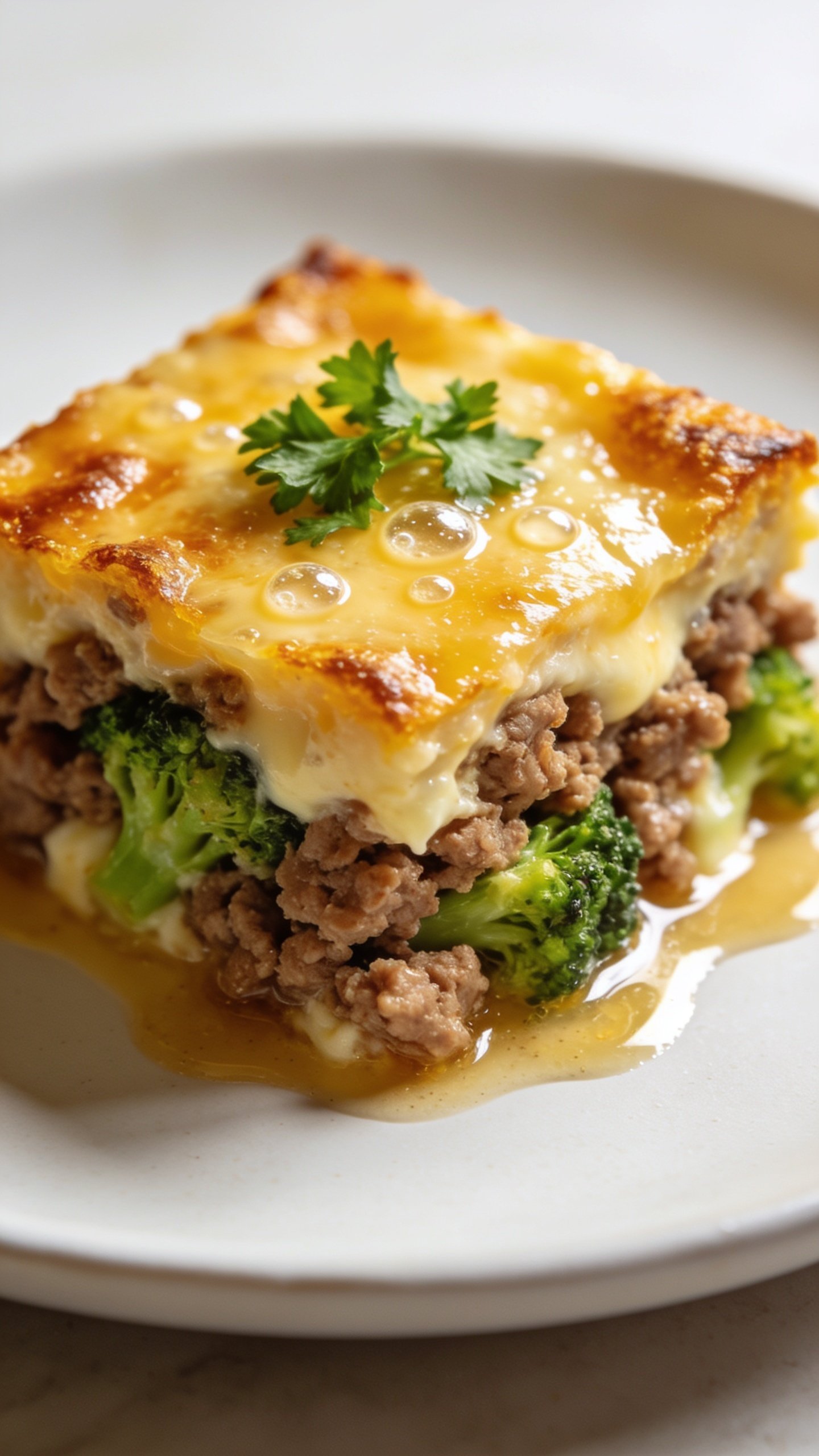 Macro close-up of a single plated square of the same casserole on a matte white plate, shot at a low 3/4 angle to highlight layers: browned ground turkey, vibrant broccoli, and a creamy-cheesy interior with a glistening golden top and slightly crisp corners. A light drizzle of glossy pan juices pooled at the base, tiny bubbles of cheese set on top, and a sprinkle of fresh parsley for contrast. Bright natural light from the right, shallow depth of field with the plate edge softly fading, food filling 90â95% of the frame, rich textures and irresistible, fresh, premium styling.