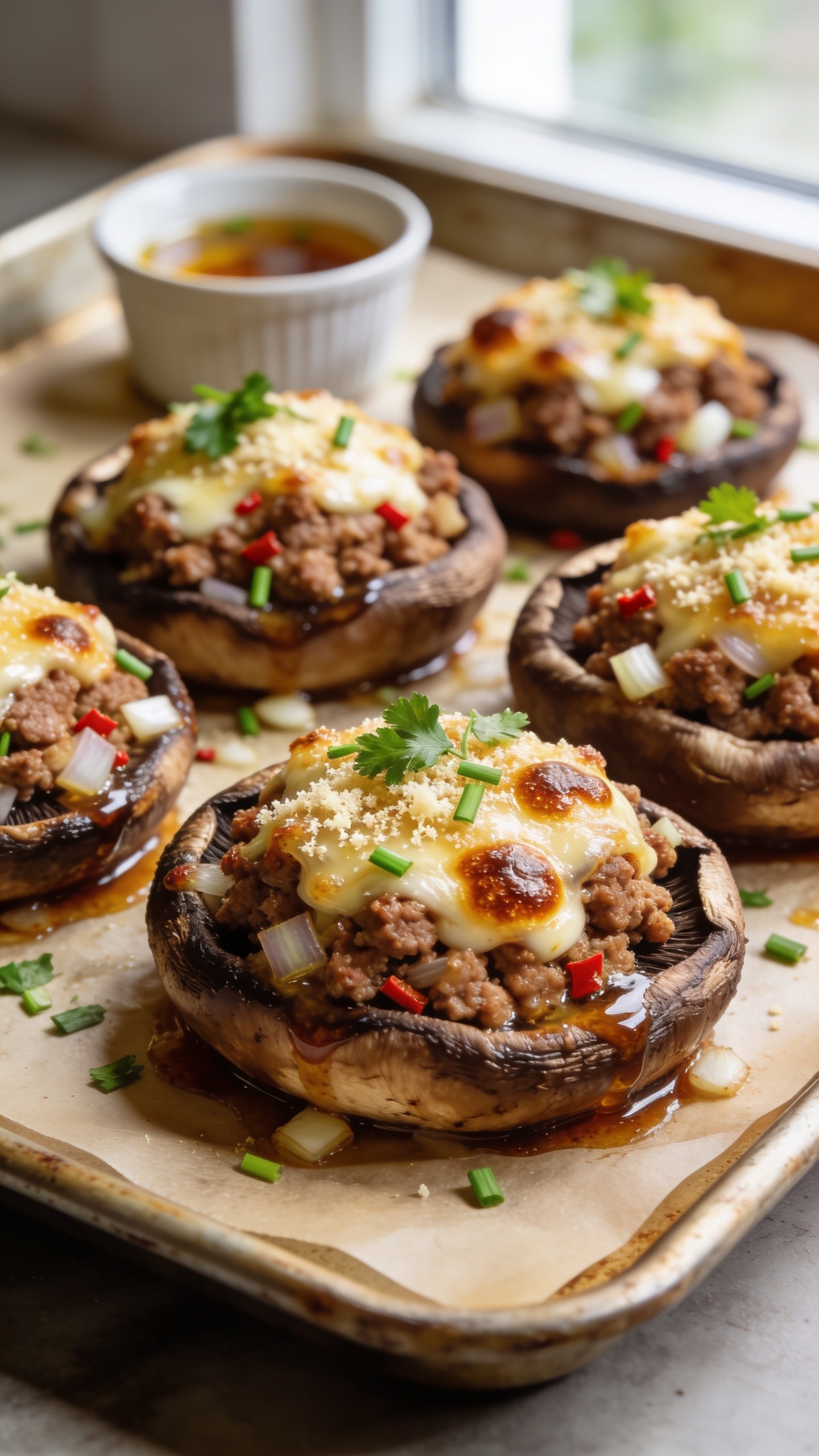 Ultra-close hero shot of high-protein ground turkey stuffed mushrooms fresh from the oven: large roasted cremini/portobello caps packed with juicy browned ground turkey, finely diced onions and garlic, flecks of red pepper, and a golden, lightly broiled parmesan-mozzarella crust. Visible glossy pan juices clinging to the mushroom edges, crispy browned cheese bubbles, and a sprinkle of fresh chopped parsley and chives on top. Arrange 5â6 mushroom caps tightly on a warm-toned sheet pan lined with parchment, with a small ramekin of extra pan juices blurred in the background. Bright natural window light from the side, shallow depth of field, food filling 90â95% of the frame, rich textures and vibrant color contrast.