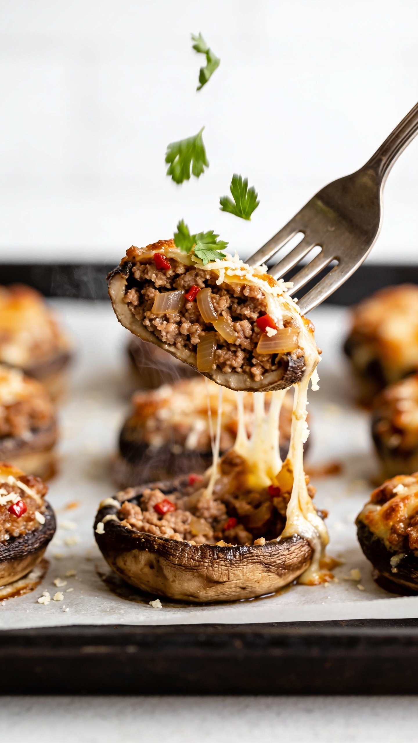 Action close-up capturing the most irresistible bite: a fork lifting a perfect stuffed mushroom biteâshow the fork lifting half of a stuffed cap so the inside is revealedâjuicy ground turkey studded with sautĂŠed onions, tiny red pepper bits, and melty mozzarella-parmesan strands stretching from the fork back to the remaining half on the pan. A few fresh parsley leaves softly falling mid-air onto the bite. Steam rising subtly from the hot filling. Background shows more identical stuffed caps slightly out of focus on the parchment-lined sheet pan. Bright natural lighting, shallow depth of field, food dominates 90â95% of the frame, no hands visible, glossy edges and crispy cheese highlighted.