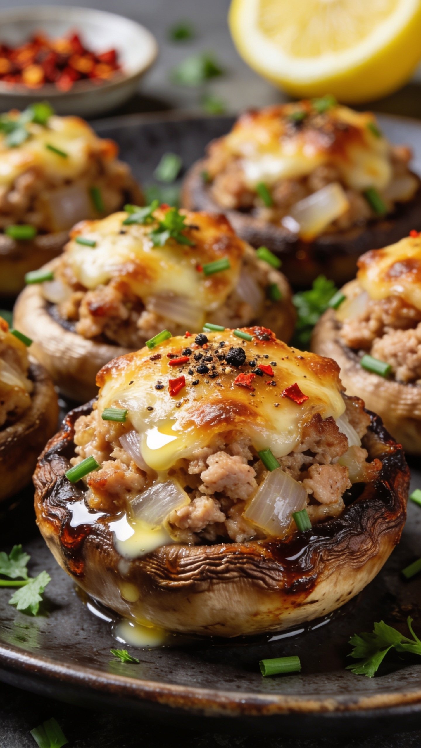 Macro side-angle beauty shot of the same finished stuffed mushrooms clustered on a dark ceramic plate: focus on one hero cap with deeply roasted, wrinkled mushroom edges, glistening with pan juices, and a caramelized, bubbly cheese top speckled with coarse black pepper and red pepper flakes. The filling looks moist and meaty with visible turkey crumbles and translucent sweet onion bits; a light drizzle of garlic butter glows on the surface. Fresh parsley-chive confetti scattered over and around, with a blurred lemon wedge and a tiny dish of chili flakes in the far background. Bright natural light, shallow depth of field, 90â95% frame filled with food, premium food-blog styling.