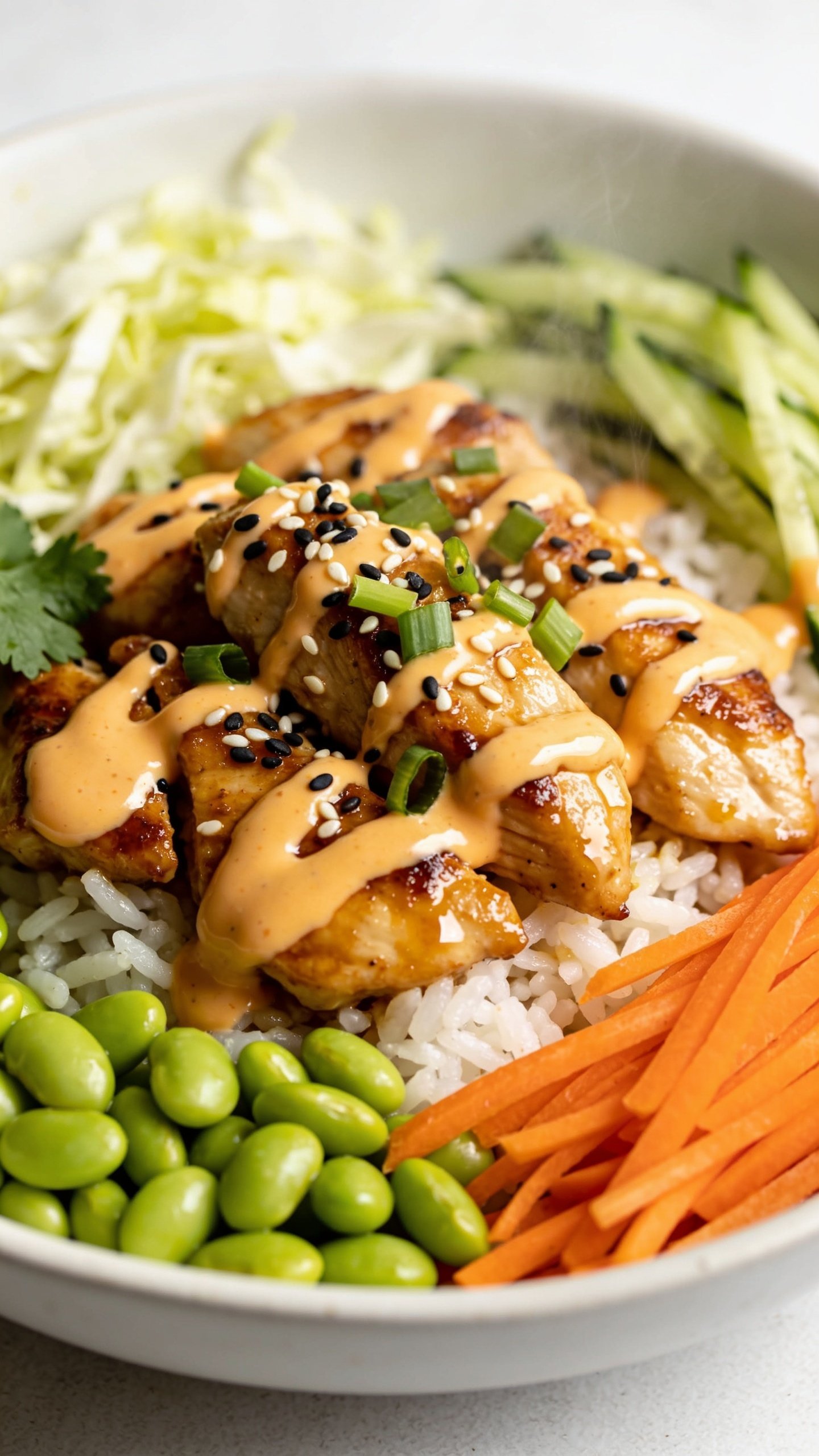 Ultra-close-up hero shot of a High Protein Bang Bang Chicken Bowl: glossy, seared chicken breast pieces tossed in a creamy, light-orange bang bang sauce over a fluffy base of white jasmine rice, with crisp shredded cabbage, thin-sliced cucumbers, julienned carrots, and bright edamame tucked in clean sections around the bowl; finished with a generous drizzle of extra bang bang sauce, a sprinkle of black and white sesame seeds, finely sliced green onions, and a few cilantro leaves. Food fills 90â95% of the frame in a white, shallow bowl on a neutral light background. Bright natural side lighting, shallow depth of field, focus locked on the saucy chicken and sesame-speckled drizzle, vibrant colors, slight gloss on the sauce, steam subtly visible, premium food-blog styling.