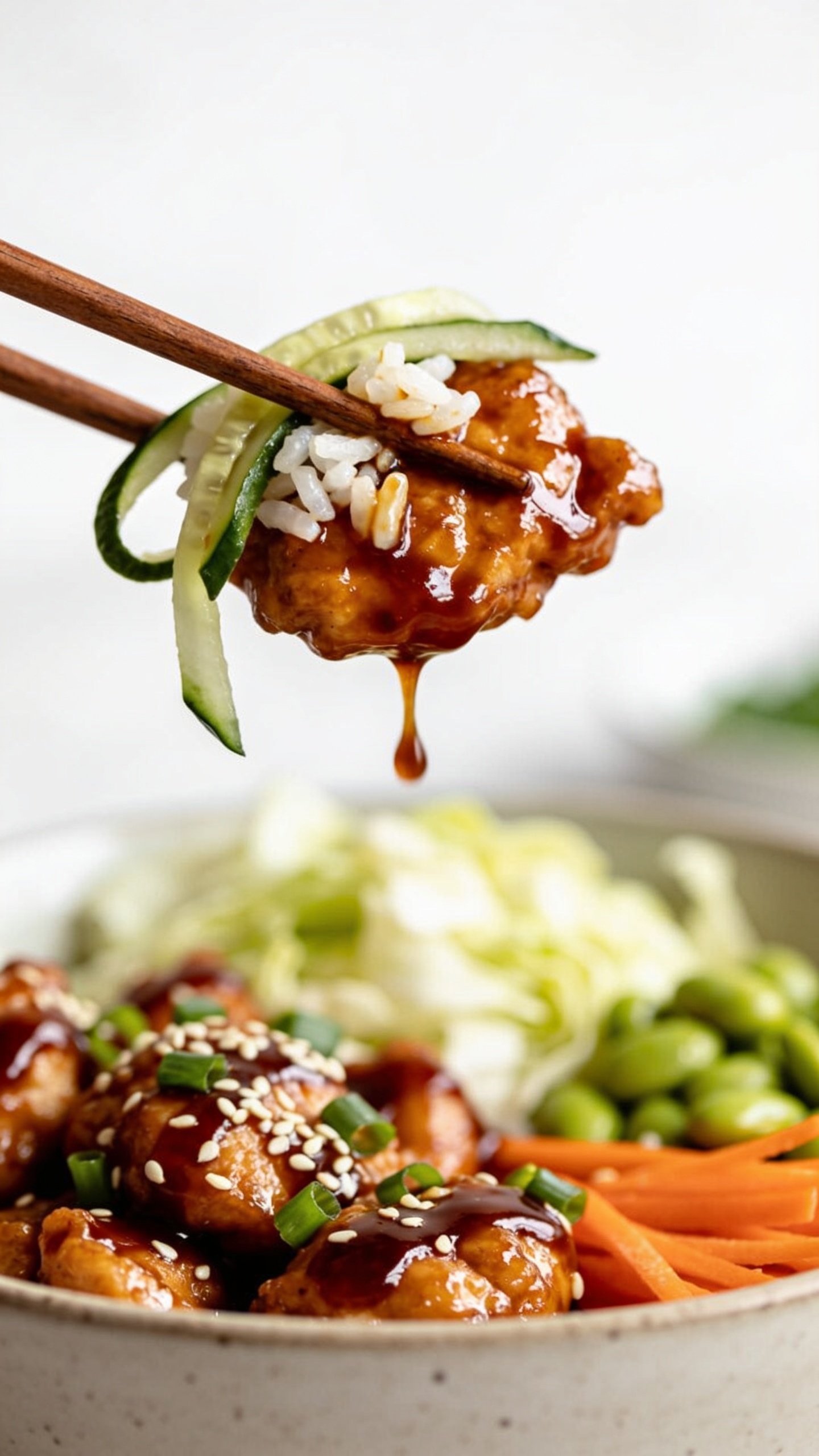 Dynamic bite moment: wooden chopsticks lifting the perfect saucy bite from the same bowlâone glossy bang bang chicken piece with a few grains of jasmine rice and a ribbon of cucumber, sauce clinging and a slow drip suspended mid-air. Background bowl remains softly blurred with visible cabbage, carrots, edamame, and extra sauce drizzle, plus sesame seeds and green onions. No hands, only chopsticks and food. Extreme close-up with food filling 90â95% of the frame, bright natural lighting, shallow depth of field, rich textures, visible glossy sauce drip, movement frozen one second before the bite.