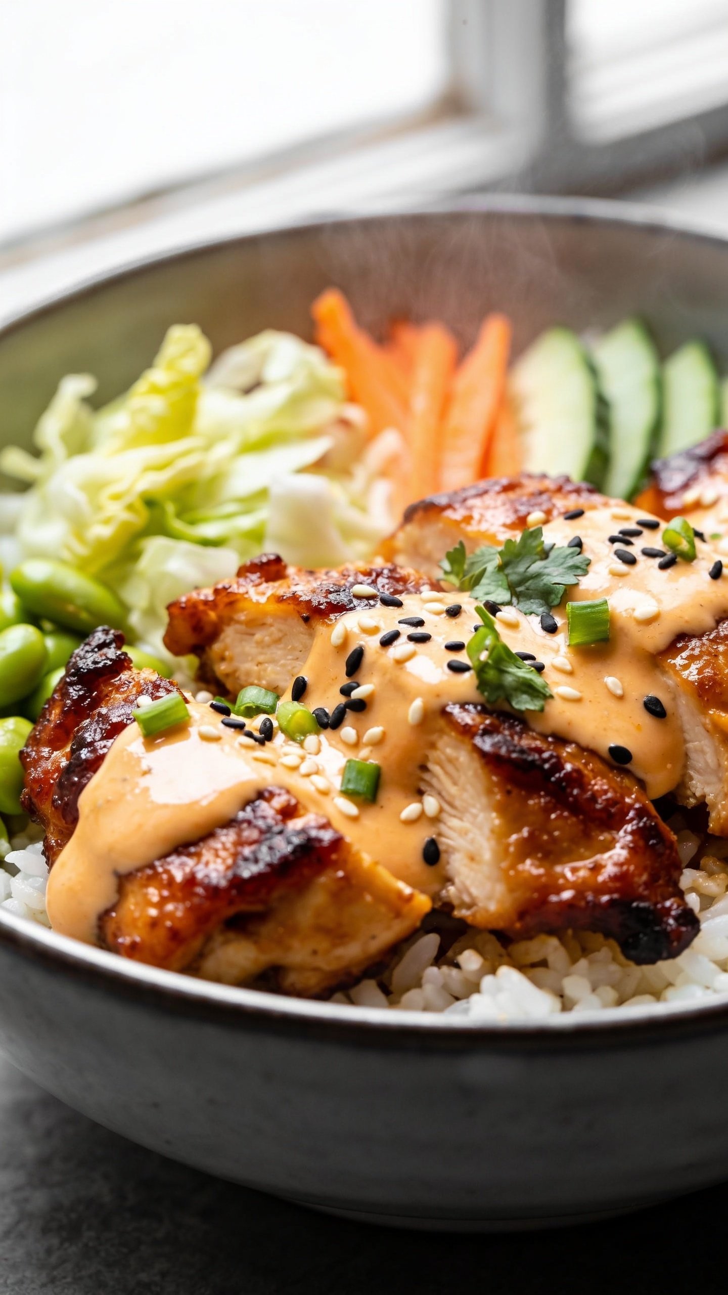 Macro close-up from a low 45-degree angle focusing on texture: the same finished bowl tightly framed so the saucy chicken dominates the foreground, showing caramelized edges, creamy light-orange sauce gloss, and scattered black and white sesame seeds. Flecks of green onion and cilantro peek through, with rice and crisp veggies (cabbage, carrots, cucumbers, edamame) softly blurred in the background. Bright natural window light, shallow depth of field, food filling 90â95% of the frame, vibrant colors, slight steam, premium food-blog styling consistent with the first two images.