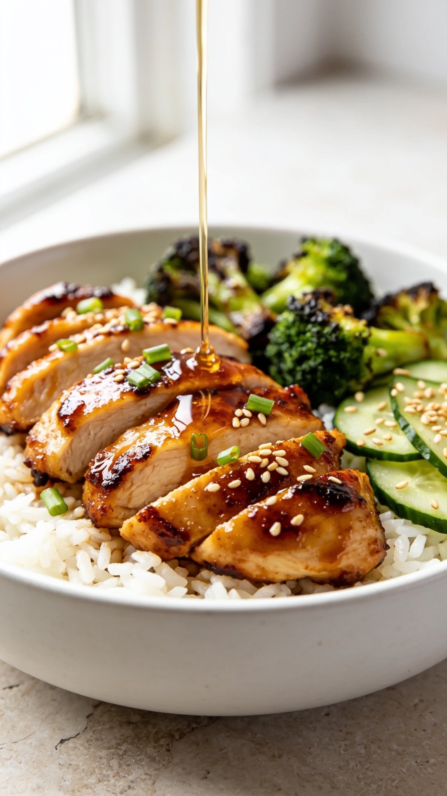 Ultra-close hero shot of a High Protein Hot Honey Chicken Bowl: glossy hot-honey–glazed chicken thighs sliced into juicy bite-size pieces with caramelized edges, piled over fluffy jasmine rice, paired with crisp-tender charred broccoli and thinly sliced cucumbers, garnished with finely chopped green onions and a sprinkle of toasted sesame seeds; a light drizzle of extra hot honey glistening across the chicken; bright natural window light from the left, white ceramic bowl on a neutral light stone surface, shallow depth of field with the front chicken pieces tack-sharp and background softly blurred; colors vibrant (golden glaze, bright green veg, snowy rice), no text, food filling 90–95% of frame, premium food-blog styling, consistent plating across all images.