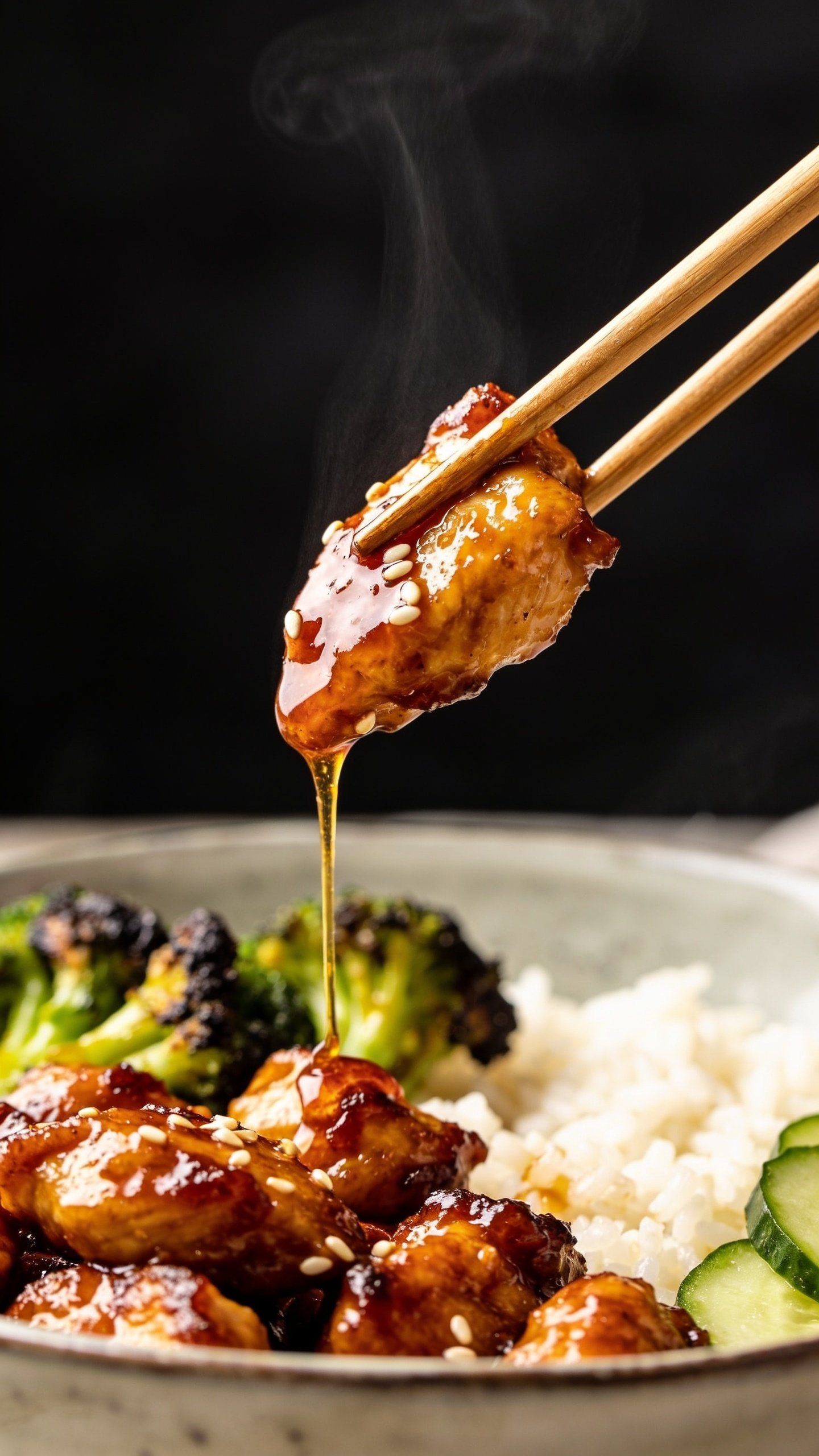 Dynamic action close-up capturing the irresistible bite: wooden chopsticks lifting the perfect glossy bite of hot-honey–glazed chicken with a few sesame seeds clinging and a wisp of steam rising, a short ribbon of hot honey slowly stretching from the lifted piece back to the bowl; below, the same bowl as in image 1 with jasmine rice, charred broccoli, and cucumber slices visible but softly blurred; bright natural side light, shallow depth of field focusing on the lifted chicken, rich caramelized edges and sticky sheen emphasized; food fills 90–95% of the frame, no hands or people, premium magazine-cover energy.
