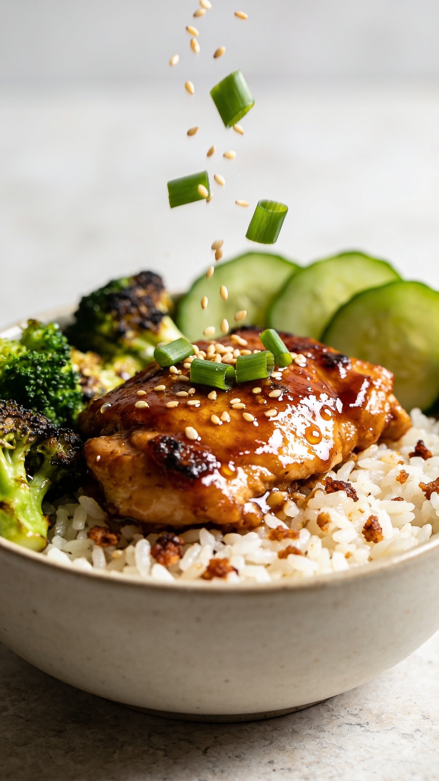 Extreme close-up from a low three-quarter angle emphasizing textures: the same bowl with glistening hot-honey chicken nestled over jasmine rice, visible individual grains, crispy browned bits on chicken, tiny droplets of glaze beading on the surface; fresh green onions and toasted sesame seeds mid-fall, frozen in motion over the chicken; charred broccoli florets and cool cucumber slices framing the chicken; bright natural lighting with gentle highlights on the glaze, shallow depth of field isolating the chicken and falling garnish; neutral light stone surface, food fills 90–95% of the frame, cohesive with images 1 and