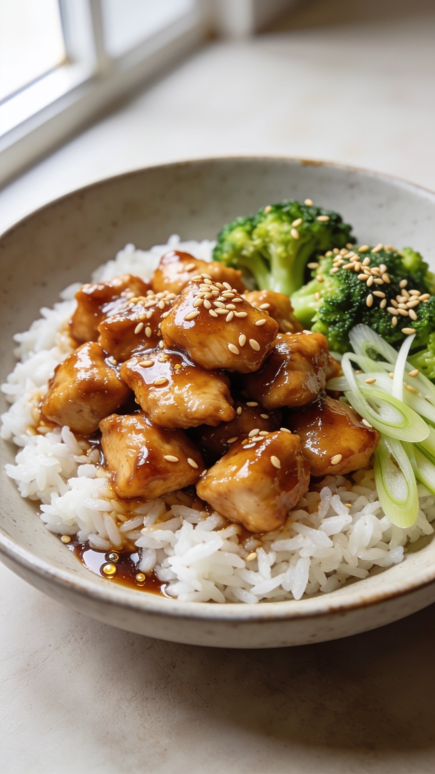 Ultra-close hero shot of a High Protein Honey Garlic Chicken Bowl: glossy bite-sized chicken pieces lacquered in sticky honey-garlic sauce, piled over fluffy white jasmine rice in a shallow matte ceramic bowl, with bright steamed broccoli florets and thinly sliced scallions tucked alongside, sprinkled with toasted sesame seeds. Sauce clings and pools slightly at the base, micro-beads of glaze catching the light. Bright natural window light from the left, soft bounce on the right, shallow depth of field with the front third of the bowl in crisp focus. Warm, inviting tones, minimal neutral background surface, no hands, no text—food filling 90–95% of frame, premium food-blog styling.