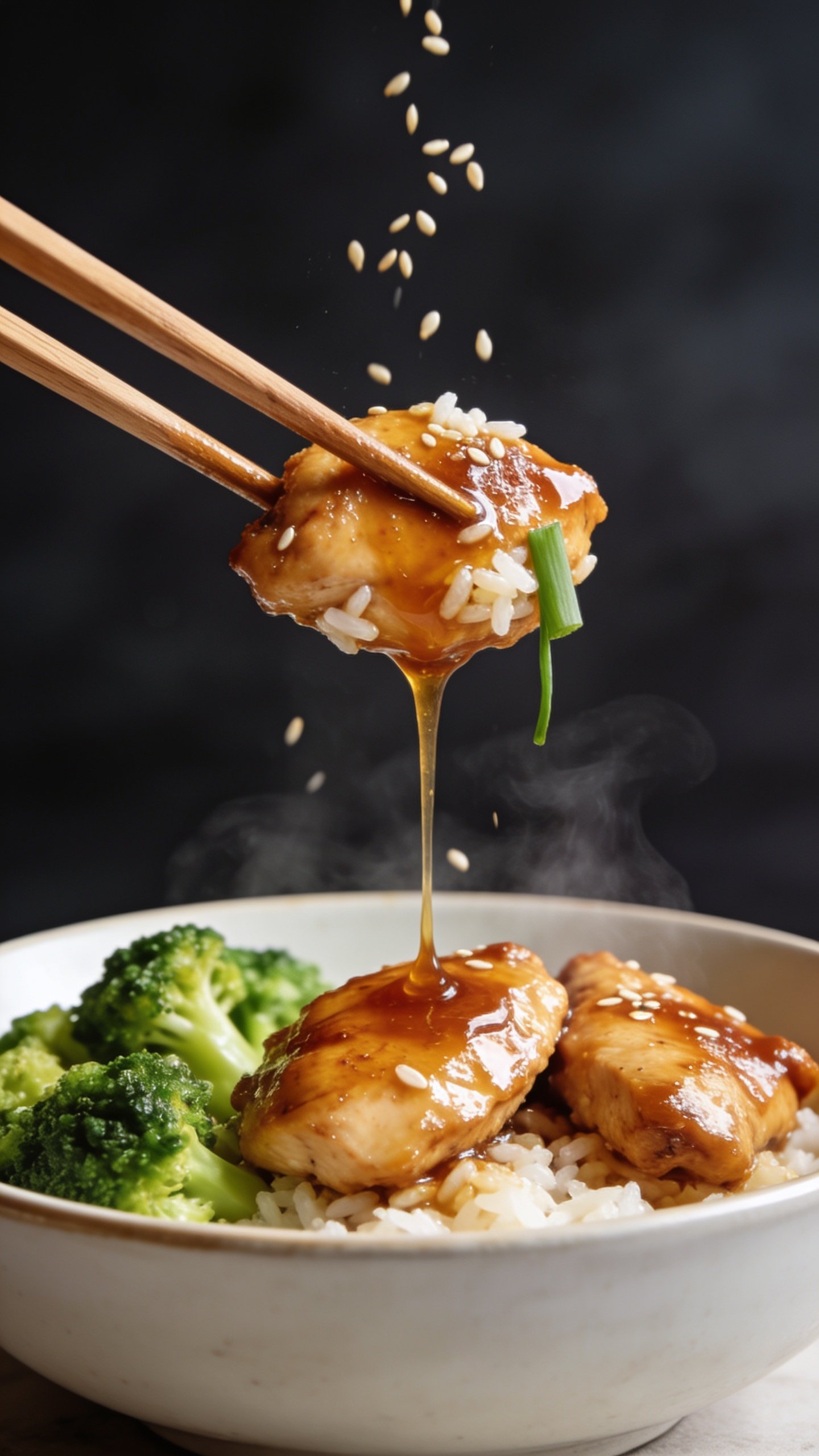 Dynamic action close-up: wooden chopsticks lifting the perfect bite of the finished bowl—two glossy honey-garlic chicken pieces with a few rice grains and a sliver of scallion dangling—frozen midair one inch above the bowl. Thick, amber glaze stretches in a slow drip from the chicken back toward the bowl, with a light sprinkle of sesame seeds falling in motion. Broccoli and remaining chicken glisten below, steam faintly visible rising from the fresh plate. Bright natural lighting, shallow depth of field isolating the lifted bite, food filling 90–95% of frame, no hands or faces, premium magazine-worthy anticipation.
