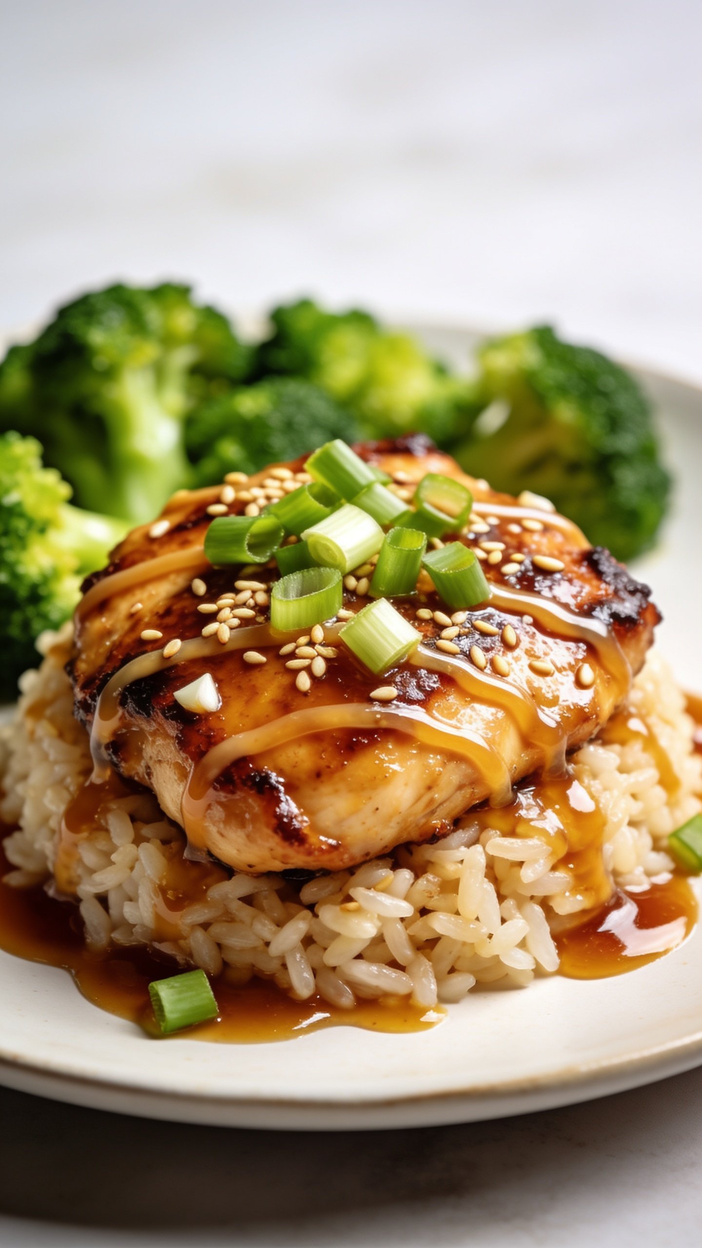 Extreme close-up from a low 3/4 angle of the same finished bowl: focus on a mound of honey-garlic chicken over rice with caramelized edges and a high-gloss sheen, tiny garlic bits visible in the sauce. Freshly sliced scallions and toasted sesame seeds scatter across the top; a light extra drizzle of honey-garlic glaze ribbons over the chicken, pooling around plump rice grains. Vibrant broccoli adds a pop of green in soft blur behind. Bright natural side light, shallow depth of field, rich textures emphasized, food dominating 90–95% of frame, cohesive with the other shots.