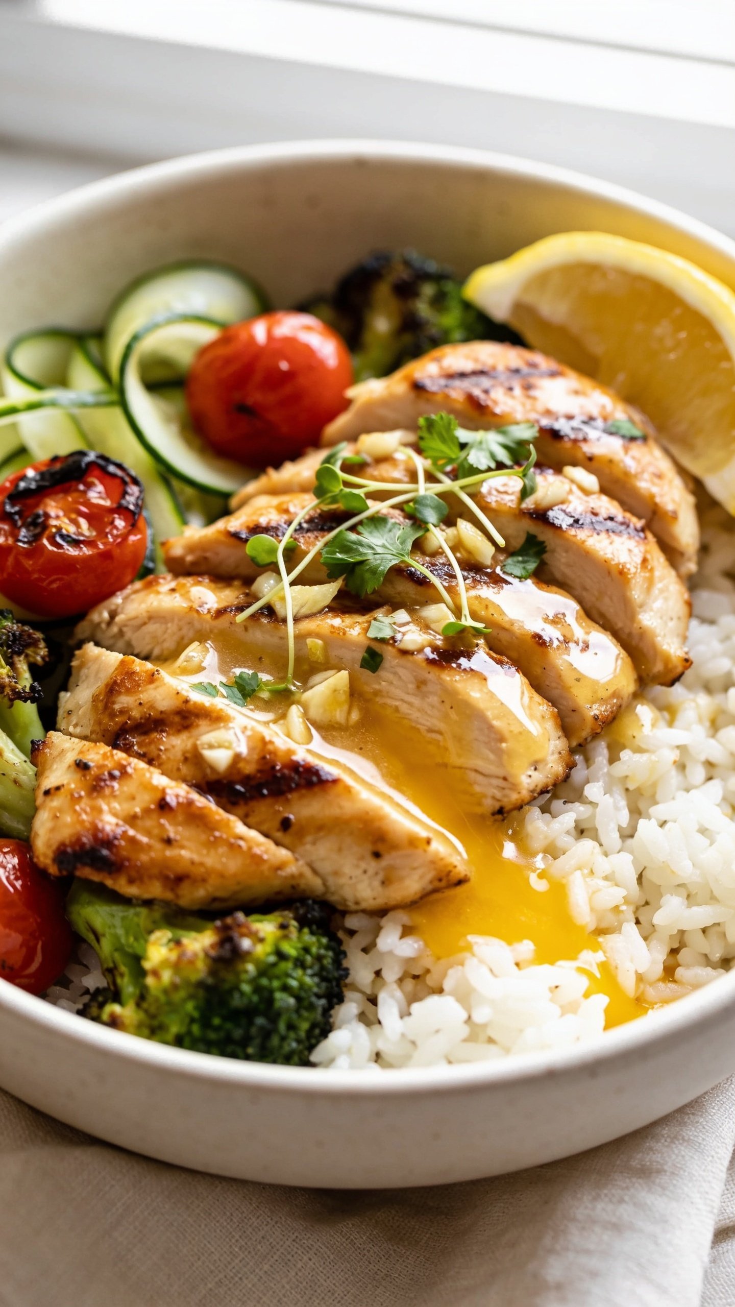 Ultra-close hero shot of a High Protein Garlic Butter Chicken Bowl: seared, juicy chicken breast slices lacquered in glossy garlic-lemon butter, nestled over fluffy white rice with roasted broccoli florets, charred cherry tomatoes, and thin cucumber ribbons; a small wedge of lemon tucked at the rim; finishing of chopped parsley and microgreens scattered over the chicken; visible melted garlic butter pooling on the rice; bright natural window light, shallow depth of field, matte ceramic bowl in neutral off-white, light linen beneath, minimal props; food fills 90â95% of frame, vibrant colors, crisp edges, rich golden sear and glistening sauce.