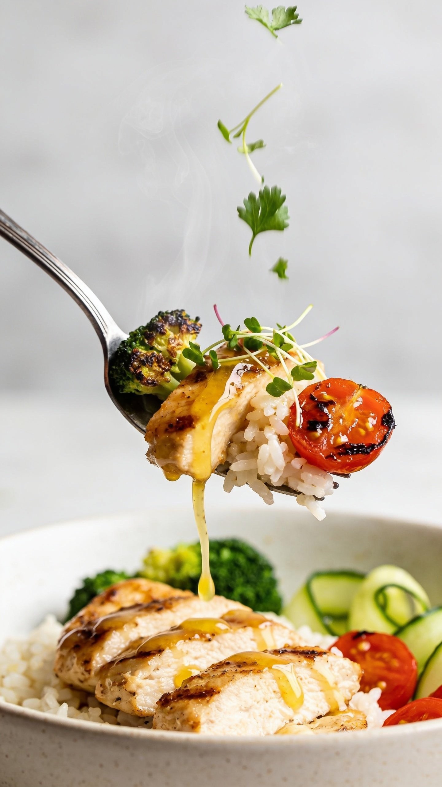 Dynamic action close-up capturing a fork lifting the perfect bite: a few slices of seared garlic-butter chicken glistening with sauce, a bit of fluffy rice clinging, a charred cherry tomato half, and a fleck of roasted broccoli on the tines; ribbons of glossy garlic-lemon butter visibly dripping in a slow ribbon back into the bowl; steam subtly rising; chopped parsley and microgreens caught mid-fall over the bite; background softly blurred, same off-white ceramic bowl with rice, broccoli, cherry tomatoes, and cucumber ribbons visible beneath; bright natural light, shallow depth of field, food filling 90â95% of frame, no hands in view.
