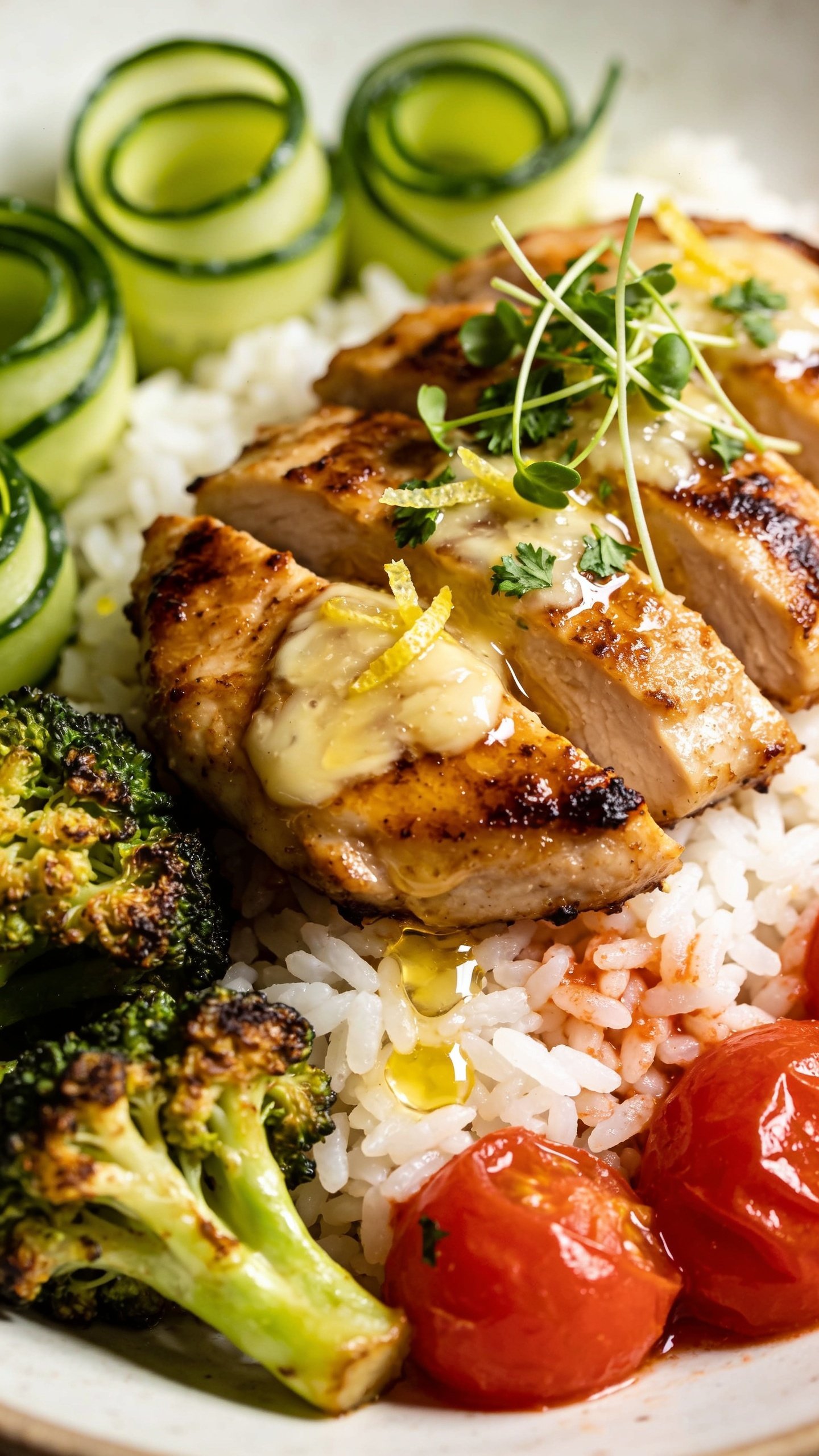 Extreme close-up from a low angle focusing on texture and finish: caramelized chicken slices coated in shiny garlic butter atop white rice, with roasted broccoliâs crisp edges, burst cherry tomato juices staining the rice slightly, and cool cucumber ribbons curled along the side; tiny lemon zest and parsley sprinkled over the chicken, microgreens adding height; small buttery puddles glimmering between grains of rice; same bowl and styling as above, bright daylight, shallow depth of field, food dominating 90â95% of frame for a cohesive, premium food-blog look.