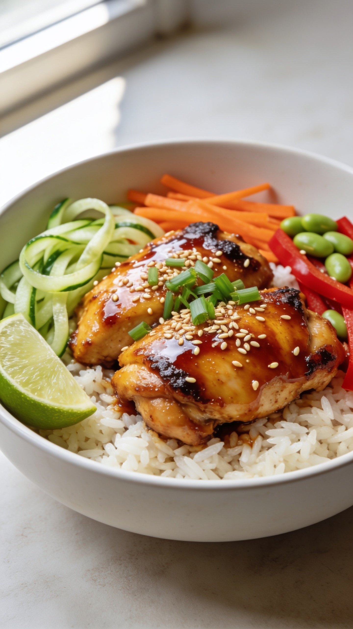 Ultra-close hero shot of High Protein Sweet Chili Chicken Bowls: a shallow matte-white bowl filled 90–95% of frame with glossy sweet chili–glazed golden chicken thigh pieces over fluffy jasmine rice, surrounded by crisp veggie accents—shaved cucumber ribbons, thin carrot matchsticks, red bell pepper strips, and edamame—finished with a sprinkle of toasted sesame seeds, finely sliced green onions, and a fresh lime wedge tucked on the side. Sauce is lacquered and sticky with visible shine and light sesame speckling; chicken edges slightly caramelized. Bright natural window light from the left, soft shadows, shallow depth of field blurring the background. Clean, modern food-blog styling on a light neutral surface, no text, no hands, same finished recipe look for all images.