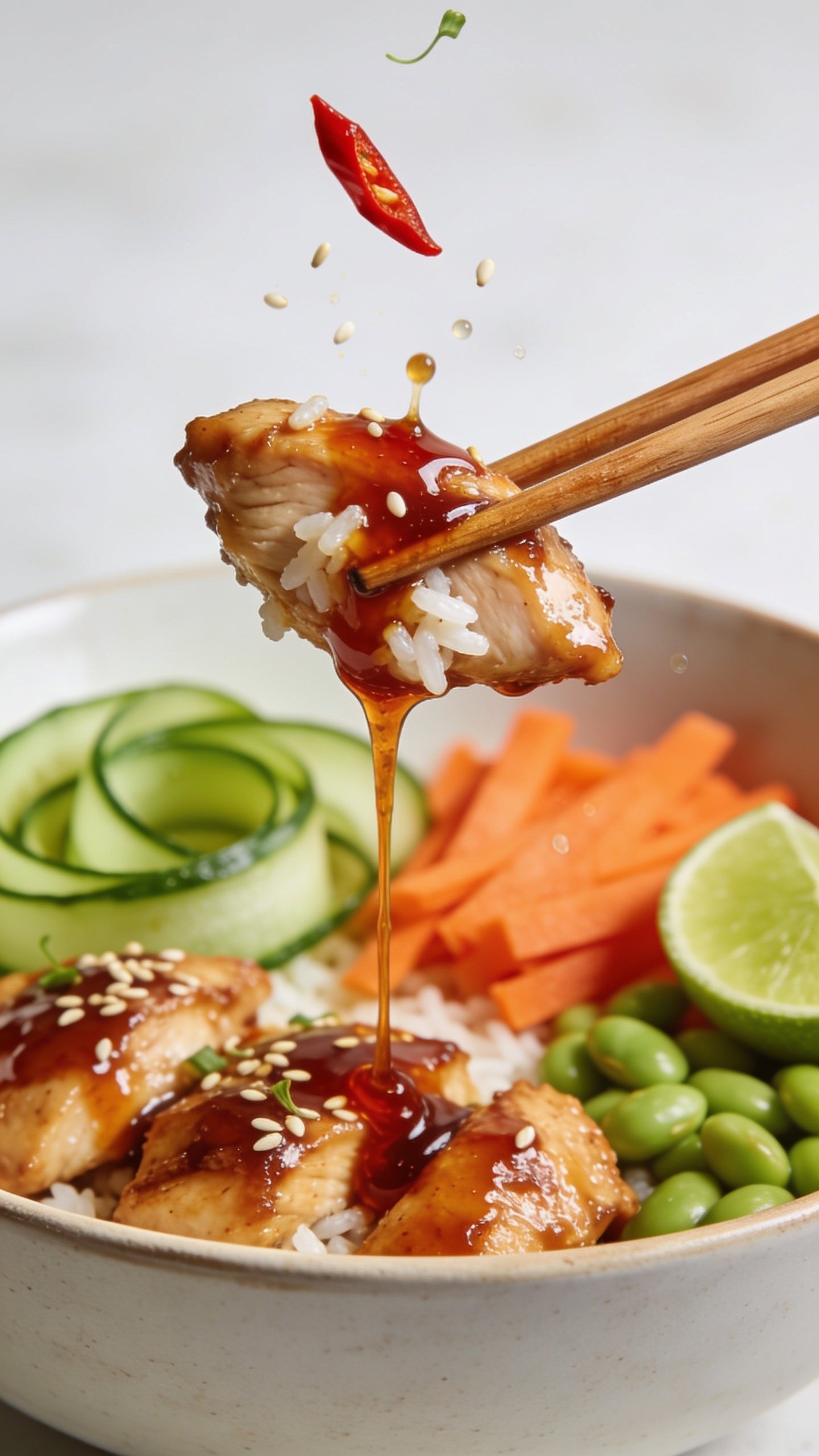 Dynamic action close-up capturing the single most irresistible bite: wooden chopsticks lifting a perfect bite of the bowl—one glazed chicken piece with a few rice grains clinging, a glossy strand of sweet chili sauce stretching, and a sliver of red pepper—hovering just above the bowl as tiny sesame seeds and micro-droplets of sauce catch the light. Background shows the same bowl with cucumber ribbons, carrot matchsticks, edamame, and lime wedge softly out of focus. Bright natural lighting, shallow depth of field, 90–95% food in frame, no hands or faces, premium food-magazine energy frozen a second before the bite.