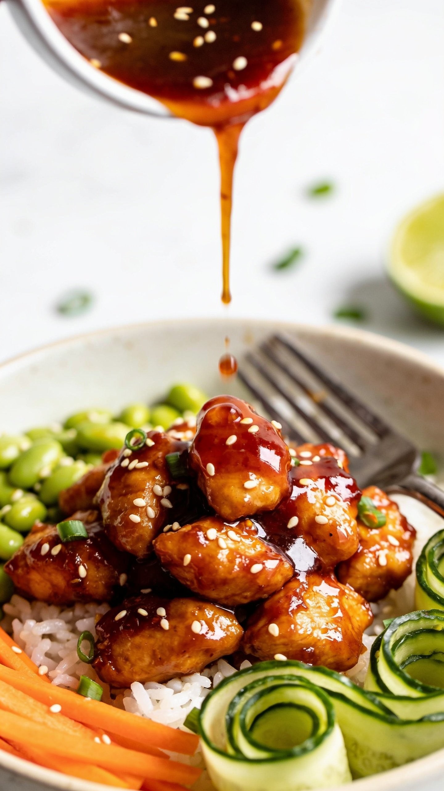 Extreme close-up from a lower angle focusing on juicy textures: fork resting in-bowl (tines down) beside caramelized sweet chili chicken pieces piled over jasmine rice, with a slow glossy drizzle of extra sweet chili sauce mid-pour over the chicken, forming luscious highlights and tiny rivulets. Crisp cucumber ribbons curl at the edge, carrot matchsticks and edamame pop with color, sesame seeds and green onion slices scattered naturally, a lime wedge peeking in the blur. Bright natural light, shallow depth of field, tight crop that fills 90–95% of the frame, cohesive styling matching the first two images.