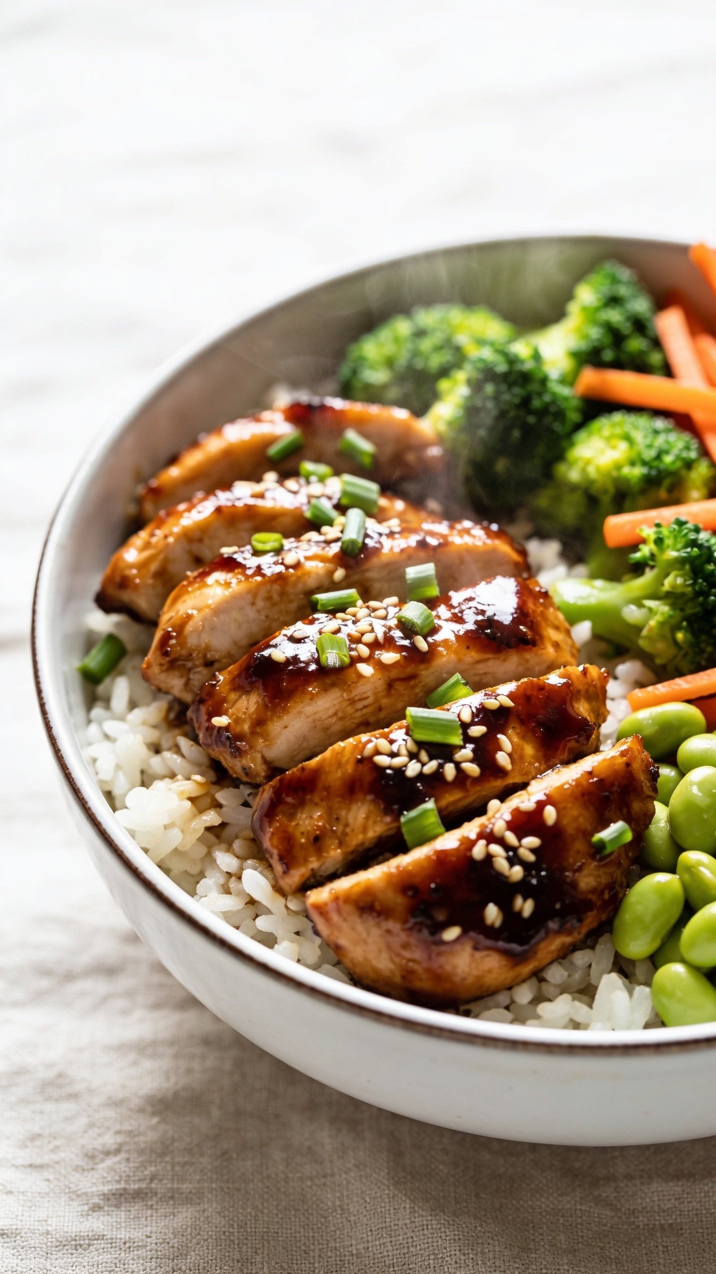 Extreme close-up hero shot of a High Protein Teriyaki Chicken Bowl: glossy, caramelized teriyaki chicken thigh slices arranged over fluffy steamed jasmine rice, with vibrant steamed broccoli florets, thinly sliced carrots, and edamame tucked alongside; chicken lacquered in a sticky-sweet teriyaki glaze with visible sesame seeds and finely sliced green onions sprinkled on top. Bowl is matte white ceramic with a subtle rim, set on a light, neutral linen. Bright natural side lighting, shallow depth of field focusing on the glistening chicken and sesame sheen, soft bokeh in the background. Food fills 90â95% of the frame, textures crisp and juicy, steam faintly visible from the hot bowl.