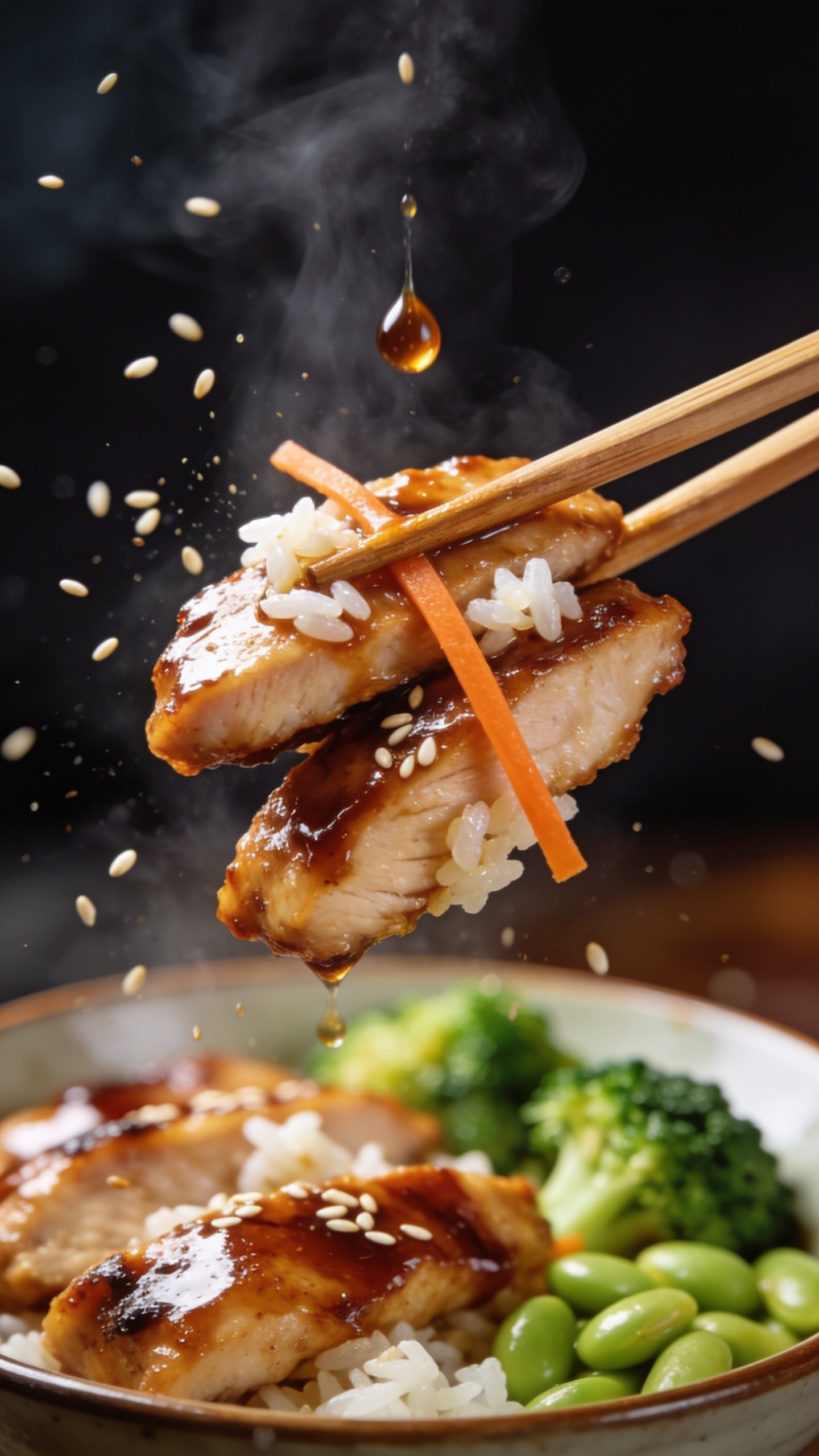 Dynamic action close-up: wooden chopsticks lifting the perfect biteâtwo glossy teriyaki chicken slices with a few grains of jasmine rice clinging, a strand of thin carrot, and a glistening droplet of sauce suspended mid-air, seconds before reaching the mouth. Steam rises gently; sesame seeds and micro-splashes of glaze catch the light. Background shows the same bowl with broccoli florets and edamame blurred. Bright natural lighting, shallow depth of field isolating the lifted bite, food dominates 90â95% of the frame, rich textures and sticky glaze emphasized, no hands or people visible.