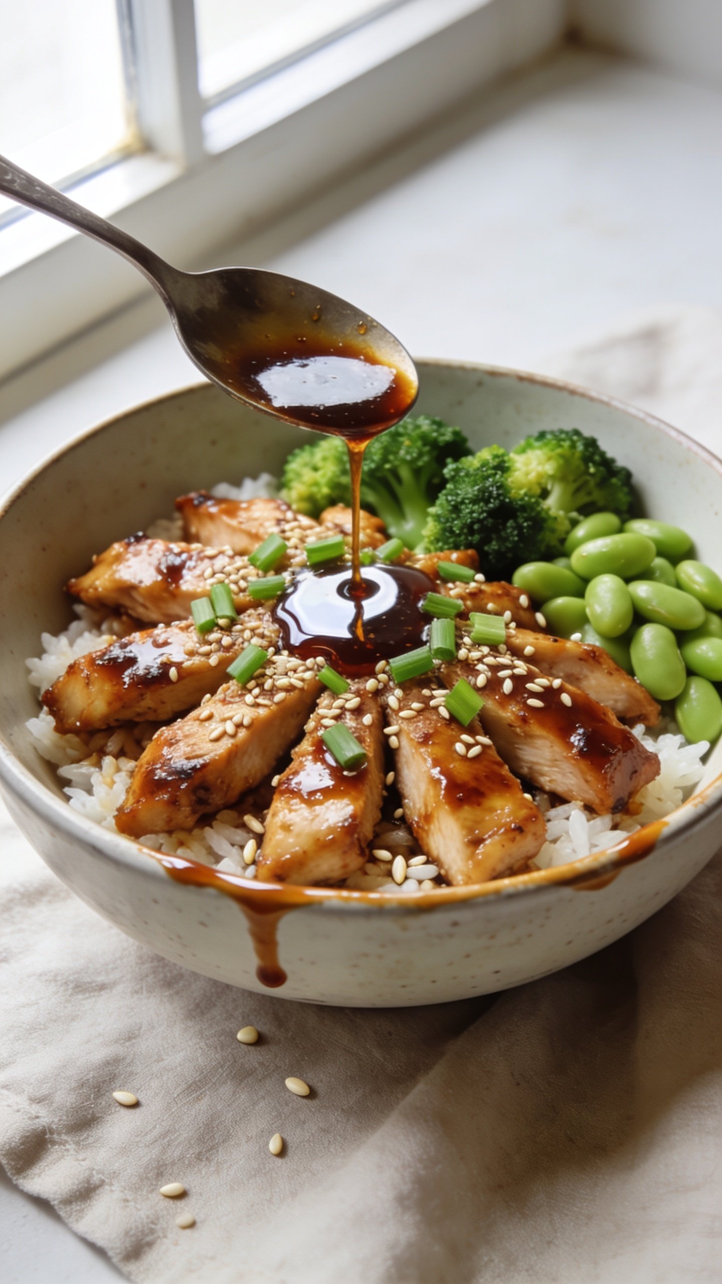 Tight overhead three-quarter close-up of the same bowl: teriyaki chicken fanned over rice with extra spooned glaze pooling slightly at the edges, sesame seeds and finely sliced green onions scattered, vibrant broccoli and edamame tucked to one side for color contrast. A small glossy puddle of sauce reflects the light; individual rice grains visible around the chicken. Bright natural window light from the left, shallow depth of field emphasizing the saucy chicken and fresh toppings, minimal props (neutral linen, faint ceramic texture), food filling 90â95% of the frame with premium food-blog styling.