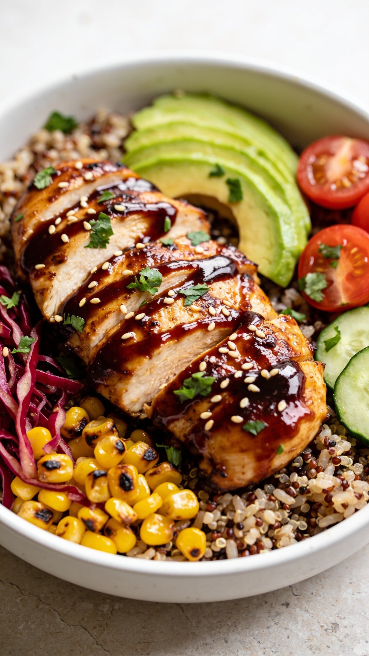 Ultra-close, hero overhead-angled shot of a High Protein BBQ Chicken Bowl: sliced juicy grilled BBQ chicken thighs glazed in a glossy deep mahogany barbecue sauce, arranged over a base of fluffy brown rice and quinoa mix, nestled with vibrant sides of charred corn kernels, thinly sliced red cabbage, ripe avocado fan, cherry tomato halves, and crisp cucumber slices. Finish with a sprinkle of chopped fresh cilantro and toasted sesame seeds, and a light drizzle of extra BBQ sauce zigzagging across the chicken. Food fills 90â95% of frame, bright natural window light, white ceramic bowl on a neutral light stone surface, shallow depth of field with the chicken sharply in focus, vibrant colors, premium food-blog styling, no text or hands, consistent look for all images.