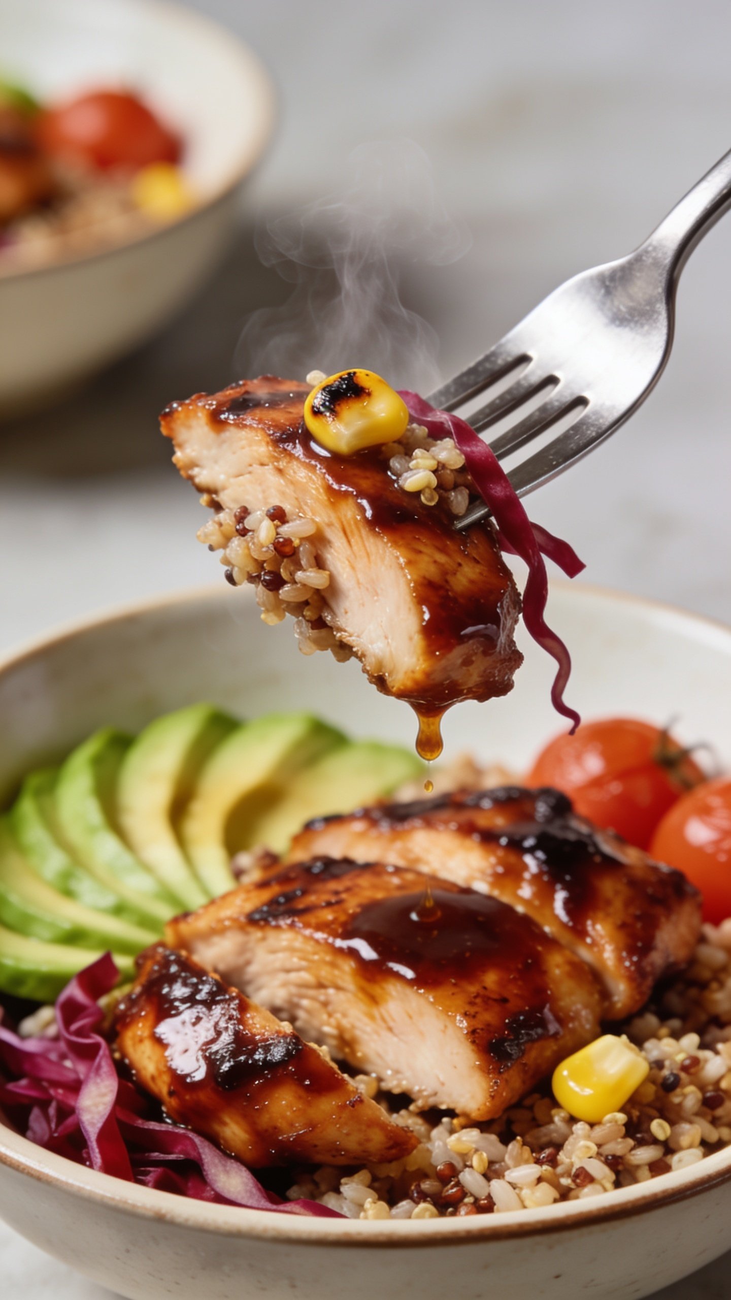 Extreme close-up action shot capturing the single most irresistible bite: a sleek stainless fork lifting a perfect bite from the same BBQ chicken bowlâone saucy slice of juicy grilled BBQ chicken with glossy sauce clinging and a slight drip suspended mid-air, speared with a bit of brown rice-quinoa, a charred corn kernel or two, and a strand of red cabbage. Background shows the same bowl softly blurred with avocado fan and tomatoes visible. Bright natural lighting, steam subtly rising from the chicken, shallow depth of field, 90â95% food framing, dynamic movement frozen just before the bite, premium food-magazine energy, no hands or people, identical ingredients and styling as Image