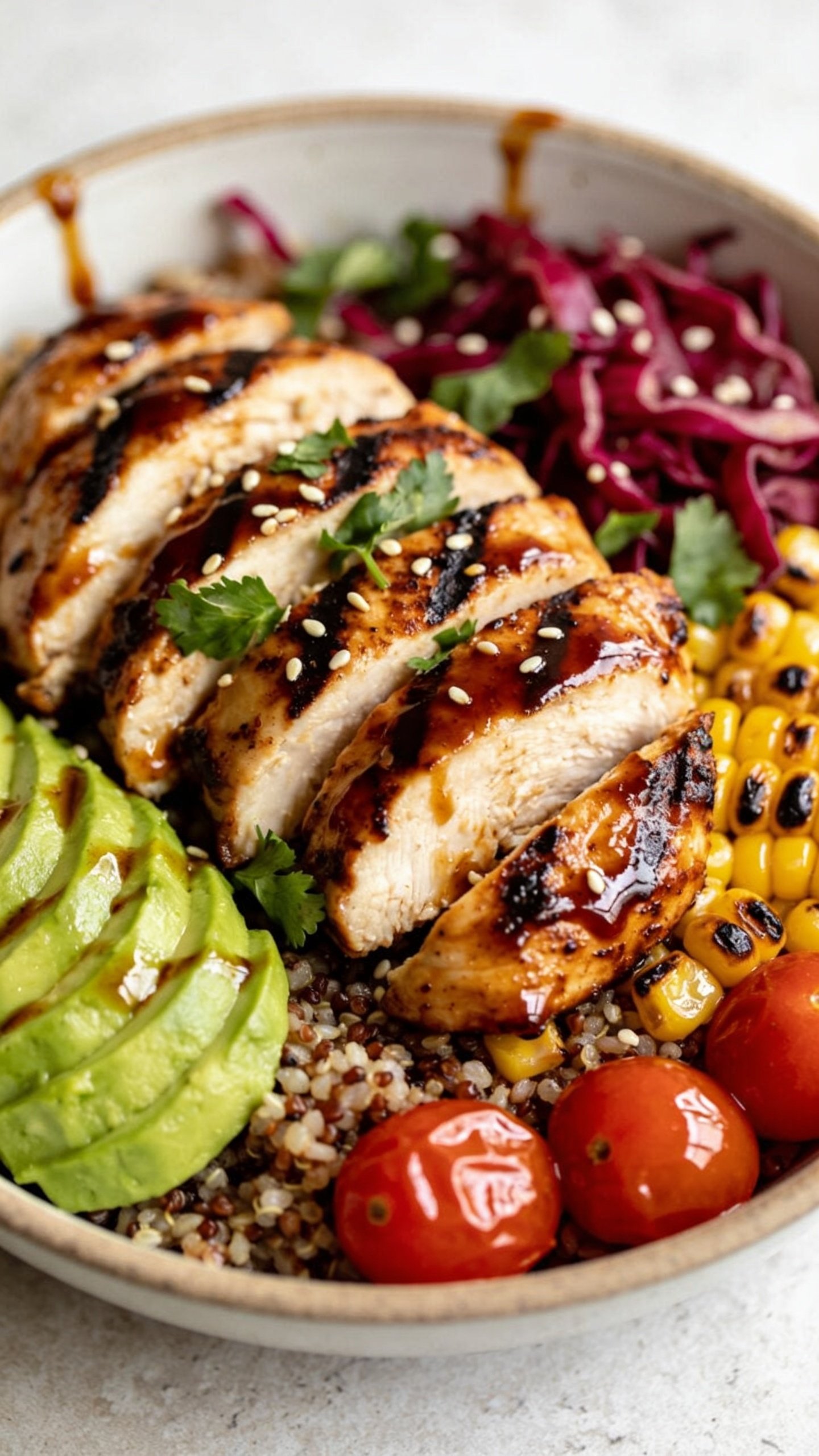 3. Intimate 45-degree side angle macro close-up of the same finished BBQ chicken bowl: focus on the sliced chicken thighs brushed with extra glossy BBQ sauce, highlighting caramelized grill marks and juicy texture. Brown riceâquinoa base peeks out beneath, with charred corn glistening, avocado fan creamy and green, cherry tomatoes glossy, red cabbage crisp. Fresh cilantro and sesame seeds scattered on top, with a faint BBQ sauce sheen on the bowl rim for realism. Bright natural light, shallow depth of field isolating the chicken and toppings, neutral light stone background, 90â95% of frame filled with food, consistent styling and colors across the set, no text or hands.