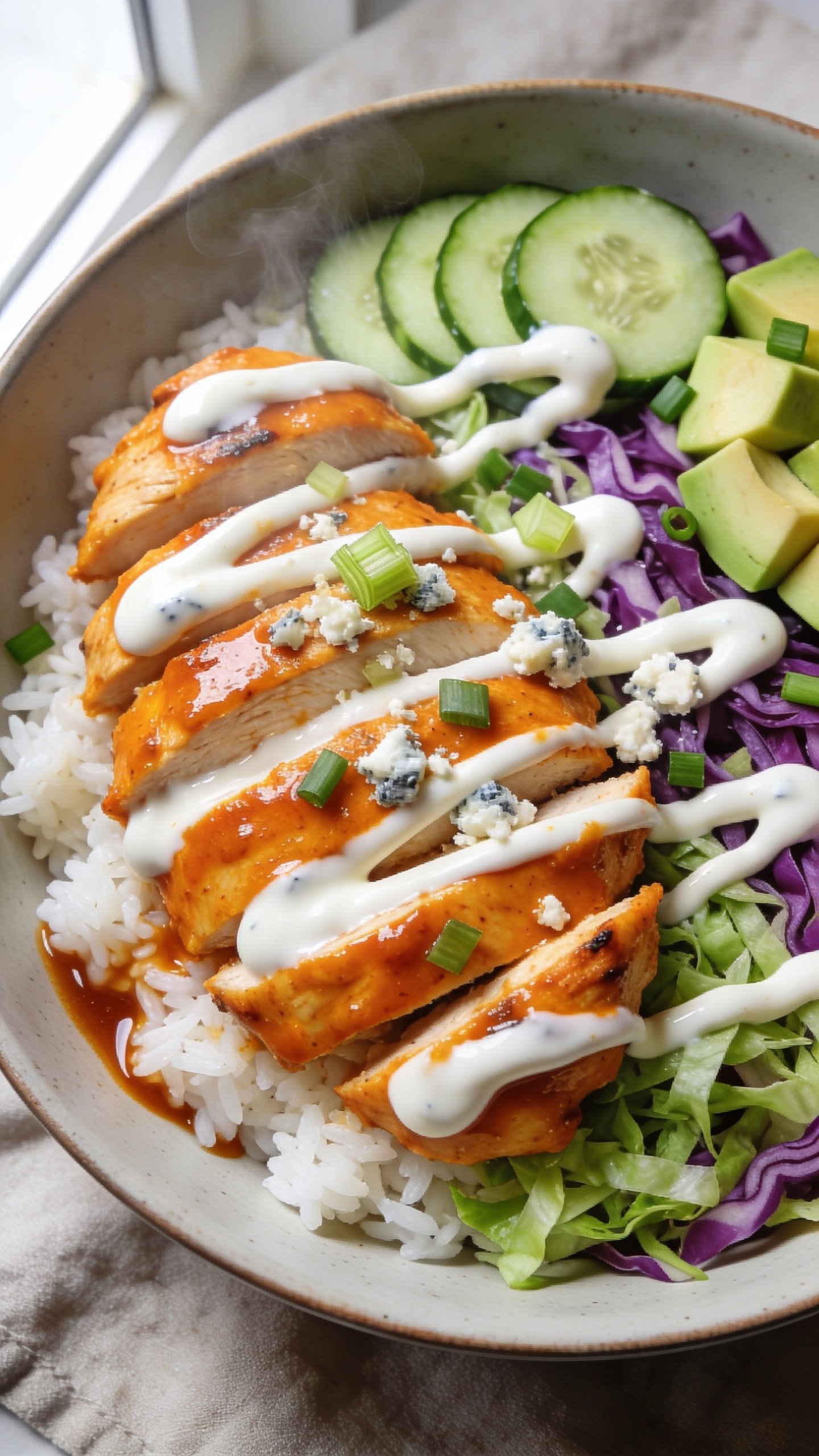 Ultra-close, hero overhead-angled shot of a High Protein Buffalo Ranch Chicken Bowl: sliced grilled chicken breast tossed in glossy bright-orange buffalo sauce, layered over fluffy white rice and shredded green-purple cabbage slaw, with thin cucumber rounds, diced ripe avocado, and finely chopped green onions. Generous creamy white ranch drizzle zigzags over the chicken and slaw, with a light sprinkle of crumbled feta or blue cheese and a few celery micro-dice for crunch. Extra buffalo sauce sheen pools lightly on the rice, steam subtly rising. Bright natural window light from the left, shallow depth of field, crisp textures, vibrant colors, matte ceramic bowl on a neutral linen, food filling 90–95% of frame, premium food-blog styling, no text.
