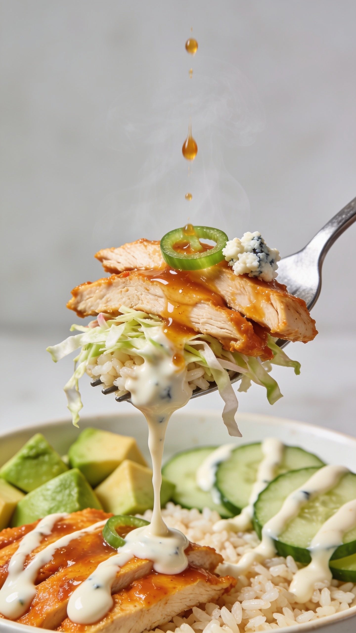 Dynamic action close-up capturing the exact moment a fork lifts the perfect bite: a few juicy buffalo-sauced chicken slices stacked with strands of crunchy cabbage slaw and a rice base, draped in glossy ranch that slowly trails back to the bowl. Micro droplets of buffalo cling and glisten; a few green onion rings and a crumb of feta/blue cheese stick to the bite. Background bowl remains in soft blur showing avocado cubes, cucumber rounds, and extra ranch swoops; a wisp of steam visible. Bright natural light, shallow depth of field, movement frozen one second before the bite reaches the mouth, utensil only visible, food filling 90–95% of frame, cohesive with the hero image.