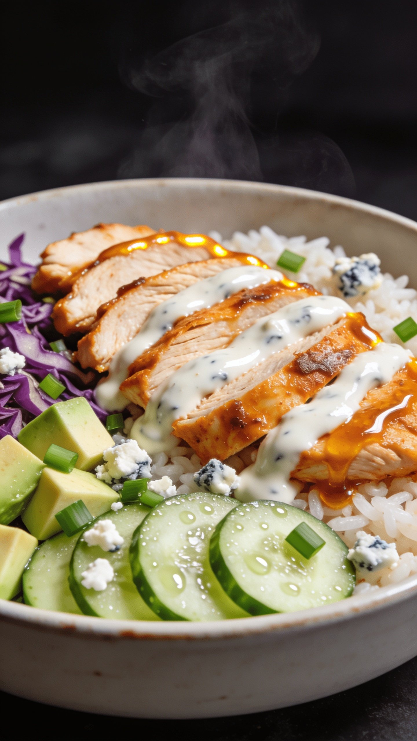 Extreme close-up 45-degree angle of the same finished bowl focusing on textures: lacquered buffalo chicken slices fanned over rice, ranch pooled in glossy ribbons, crunchy purple-green slaw peeking through, avocado cubes with clean edges, thin cucumber rounds beaded with moisture, scattered green onions and tiny feta/blue cheese crumbles. A subtle extra drizzle of buffalo sauce glows along the chicken edges, steam faintly rising. Bright natural lighting, shallow depth of field isolating the front third of the bowl, food dominates 90–95% of frame, consistent styling and ingredients as images 1 and 2, no text.