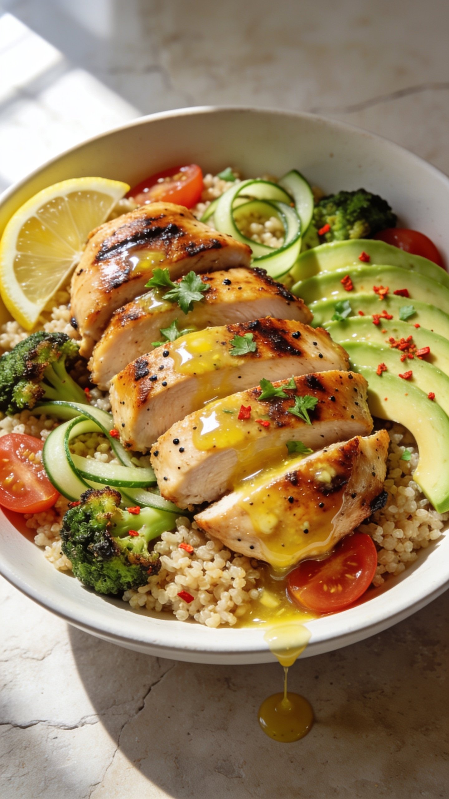 Ultra-close hero shot of a High Protein Lemon Garlic Chicken Bowl: sliced, juicy grilled chicken thighs with deep golden char and visible black pepper specks, glistening with a glossy lemon-garlic sauce; served over fluffy high-protein quinoa base with roasted broccoli florets, thin cucumber ribbons, cherry tomatoes halved, and avocado slices fanned; sprinkled with chopped fresh parsley and a pinch of red pepper flakes; thin lemon wedges tucked at the edge; micro-drips of sauce pooling on warm matte white shallow bowl; bright natural window light from the left, soft shadows, shallow depth of field, 90â95% frame filled with food, crisp textures and vibrant colors, premium food-blog styling on a light stone surface.