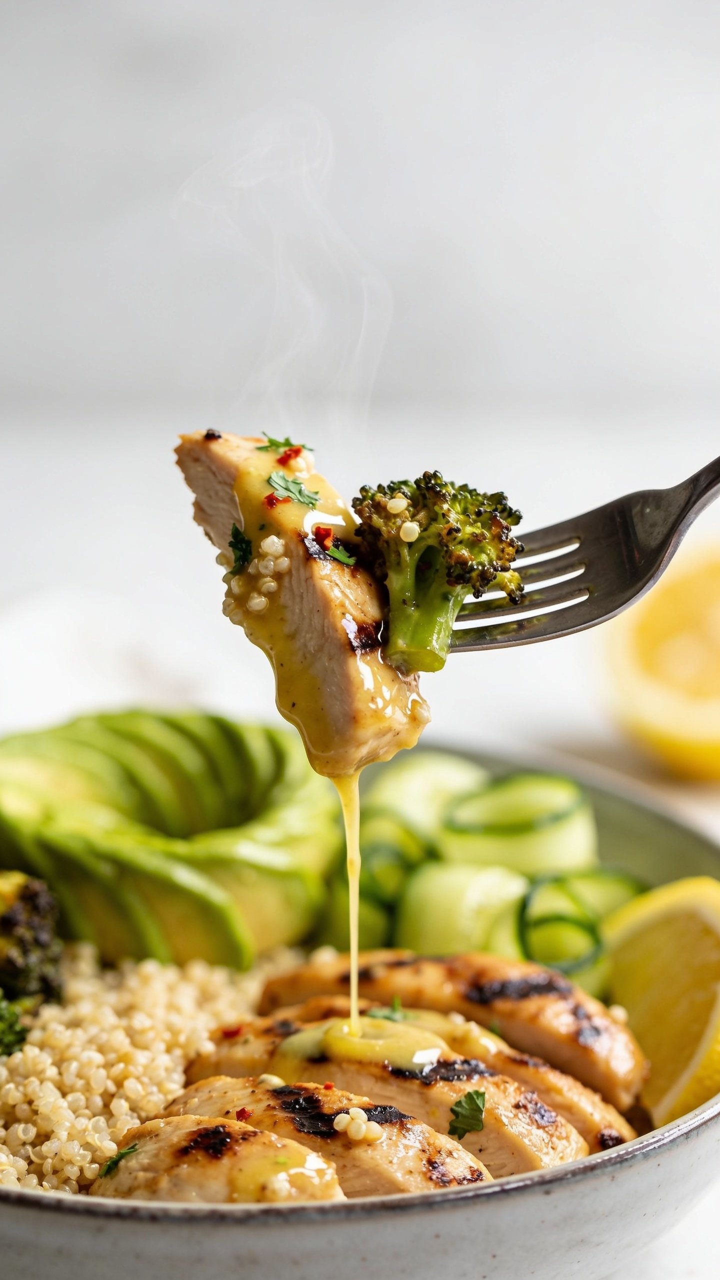 Dynamic bite moment: a stainless steel fork lifting the perfect bite from the same Lemon Garlic Chicken Bowlâone glossy slice of charred, juicy chicken coated in lemon-garlic sauce with a few quinoa grains clinging, a sliver of roasted broccoli, and a shimmer of sauce stretching in a thin ribbon back to the bowl; tiny flecks of parsley and red pepper flakes on the bite; faint steam rising; background shows the rest of the bowl softly blurred with avocado fan, cucumber ribbons, and lemon wedge; bright natural lighting, ultra-close composition where the lifted bite dominates the frame, shallow depth of field, no hands visible, food filling 90â95% of the frame.