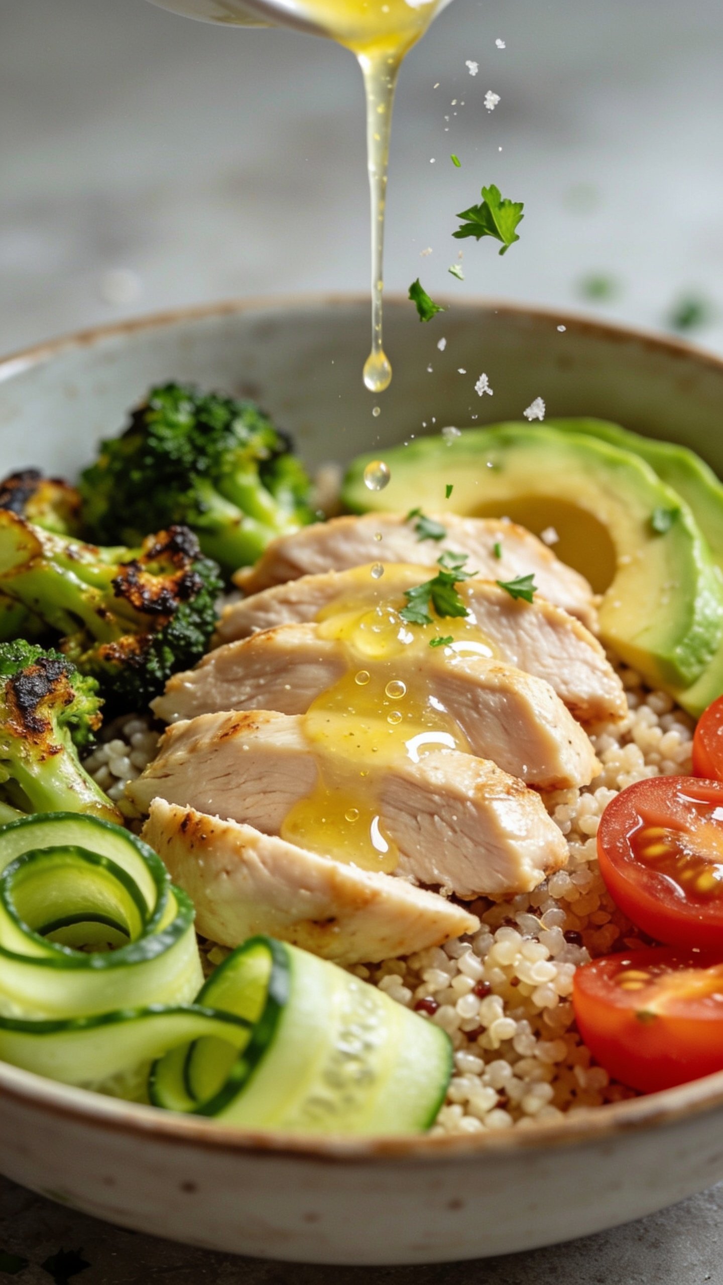 Macro close-up from a different angle focusing on textures: the same bowl with emphasis on sliced chicken arranged over quinoa, glossy lemon-garlic sauce being gently drizzled from just out of frame in a thin, glimmering stream onto the chicken, creating tiny sauce beads and highlights; roasted broccoli edges slightly crisp, avocado creamy and vibrant, cucumber ribbons curled, cherry tomato halves juicy; a final dusting of chopped parsley mid-fall, a few flakes caught in motion; natural side light, shallow depth of field, tight crop with 90â95% food in frame, premium, fresh, and irresistible look.