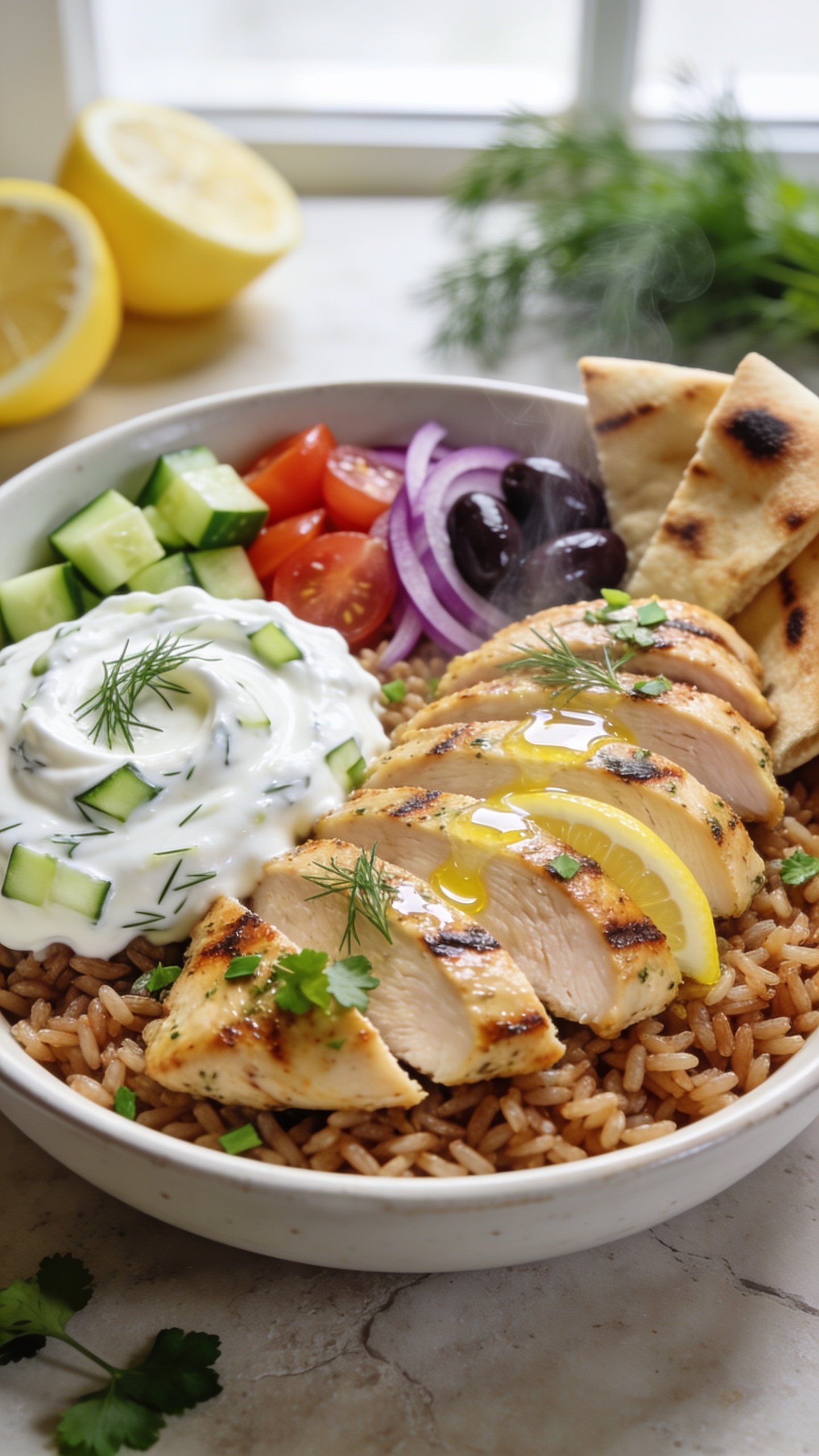 Ultra-close hero shot of a High Protein Tzatziki Chicken Bowl: sliced, juicy lemon-herb grilled chicken breast fanned over a base of fluffy brown rice, generous swirl of creamy, thick Greek yogurt tzatziki dolloped beside it with visible grated cucumber and dill, crunchy diced cucumber, cherry tomatoes, thin red onion, and kalamata olives nestled in separate pockets, a few warm charred pita wedges tucked at the edge, garnished with chopped fresh dill and parsley, a light drizzle of extra-virgin olive oil and a squeeze of lemon glistening on the chicken; bright natural window light, shallow depth of field, ceramic white low bowl on a light stone surface with subtle lemon halves and dill sprigs blurred in the background; vibrant colors, glossy textures, steam just barely visible from the warm chicken and rice; food filling 90â95% of frame, premium food-blog styling, no text.