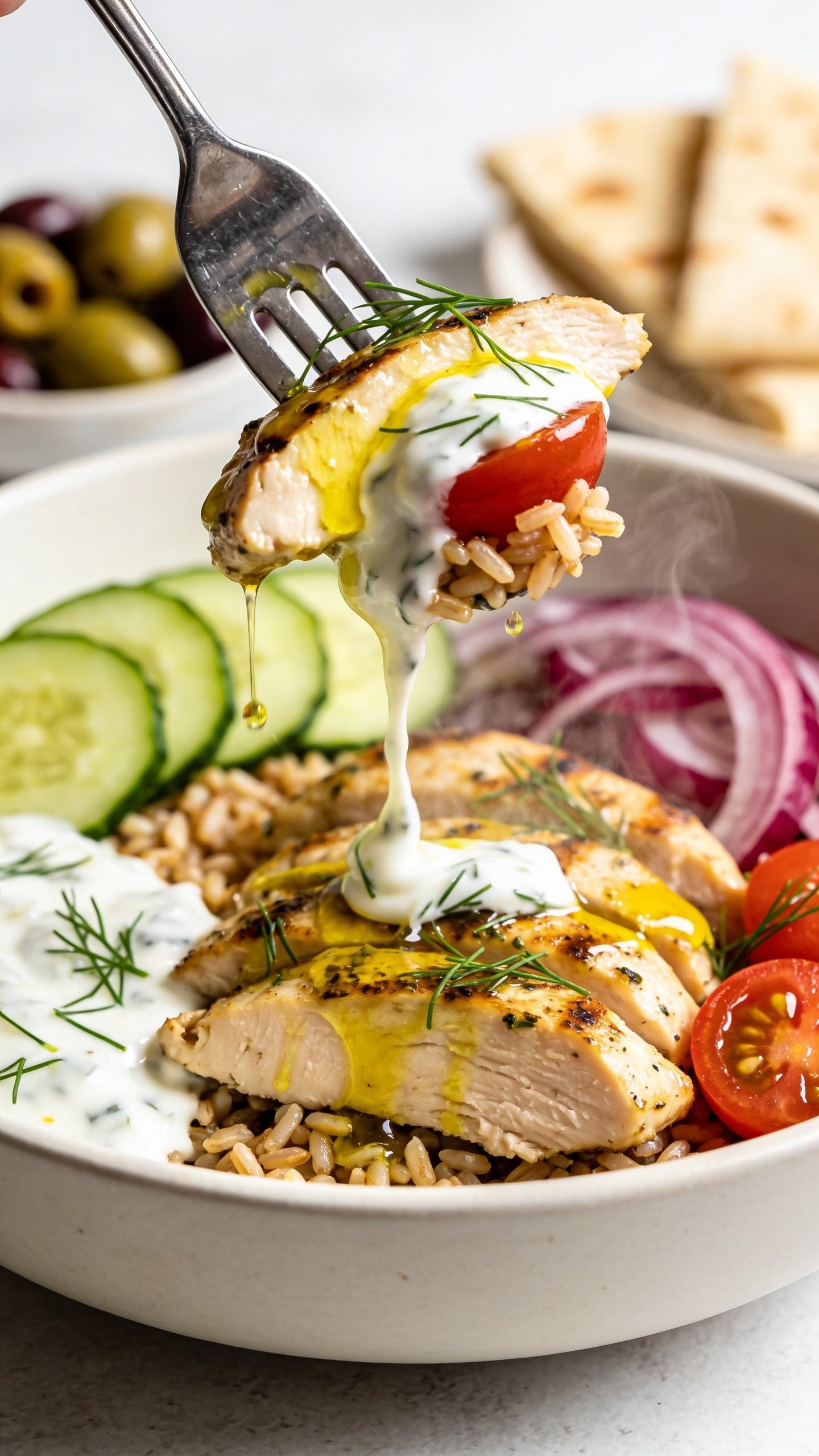 Dynamic action close-up: a polished fork lifting the perfect bite from the same bowlâone juicy slice of lemon-herb grilled chicken coated with a glossy sheen of olive oil, a ribbon of creamy tzatziki clinging to it, a halved cherry tomato and a few grains of brown rice tucked underneathâcaptured one second before the bite reaches the mouth; strands of fresh dill and a micro-drip of olive oil and tzatziki trailing back toward the bowl; bright natural light, shallow depth of field, background softly blurred showing the same arranged cucumbers, olives, red onion, and pita wedges; steam rising faintly from the rice; food fills 90â95% of frame, no hands, only the fork visible, magazine-cover energy, no text.