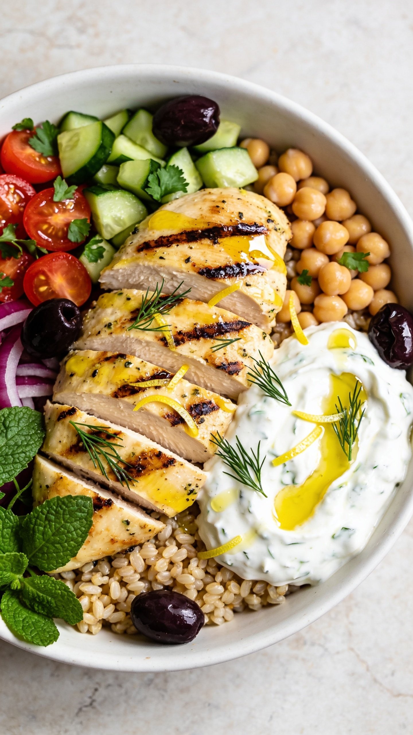 Extreme close-up hero shot of a High Protein Mediterranean Chicken Bowl: sliced lemon-herb grilled chicken breast with visible char marks and juicy sheen, arranged over a bed of fluffy farro and tender chickpeas, surrounded by vibrant chopped cucumbers, cherry tomatoes, red onion, and parsley, with a generous swoop of creamy tzatziki and a bright drizzle of extra-virgin olive oil and lemon zest; a few kalamata olives tucked in; garnished with fresh dill and mint; served in a shallow matte white bowl on a light stone surface, bright natural side lighting, shallow depth of field, rich textures and glossy sauces, food filling 90–95% of frame, premium food-blog styling, no text.