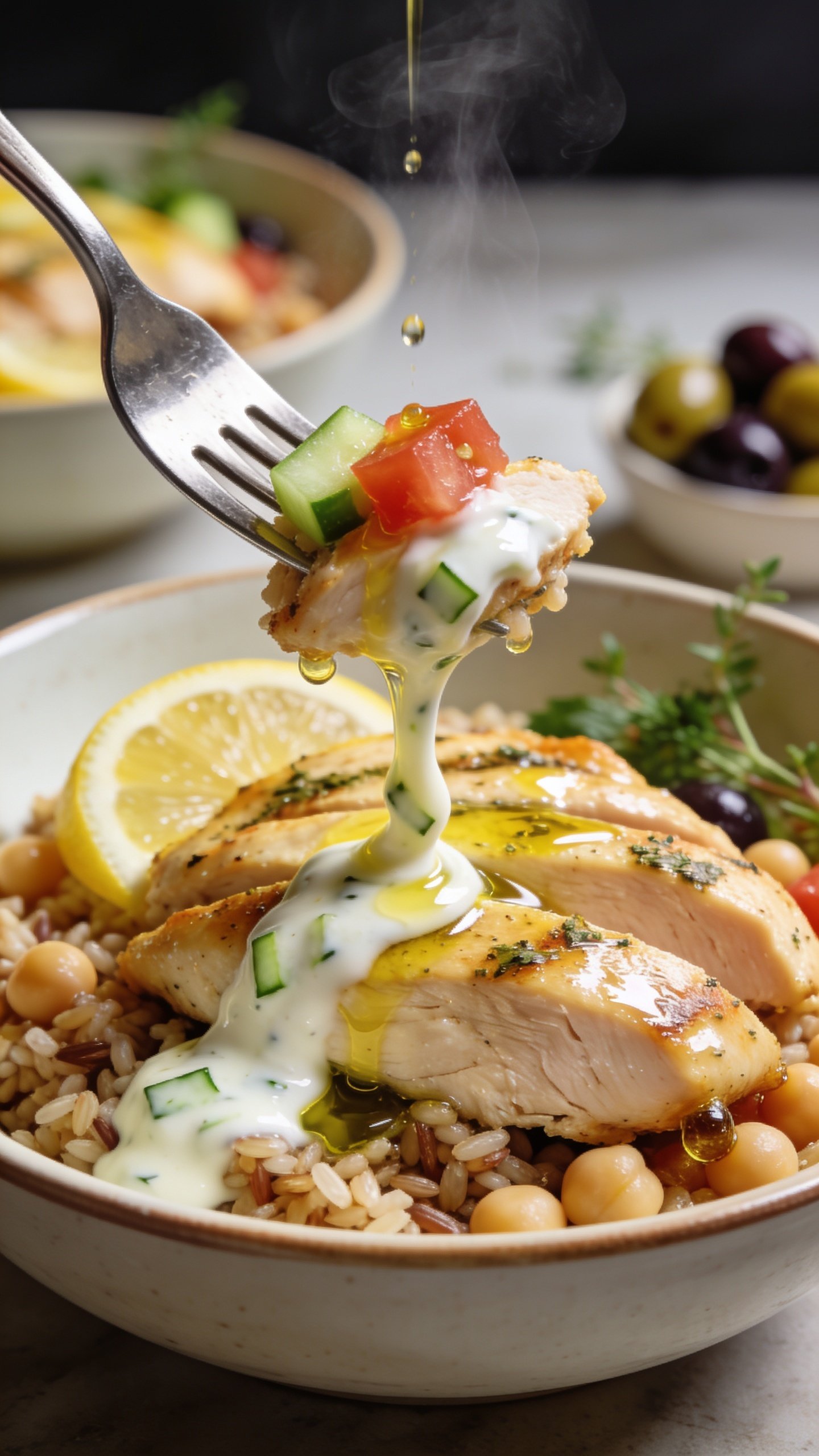 Dynamic action close-up: a fork lifting the perfect bite from the same Mediterranean chicken bowl—one juicy slice of lemon-herb chicken glistening with olive oil, a bit of farro and chickpeas clinging underneath, a ribbon of creamy tzatziki trailing with tiny cucumber flecks, and a pop of diced tomato and cucumber on the tines; lemony olive oil droplets catching the light, faint steam rising; background shows the same bowl slightly out of focus with olives and herbs; bright natural lighting, shallow depth of field, food filling 90–95% of frame, no hands visible, premium food-magazine anticipation.