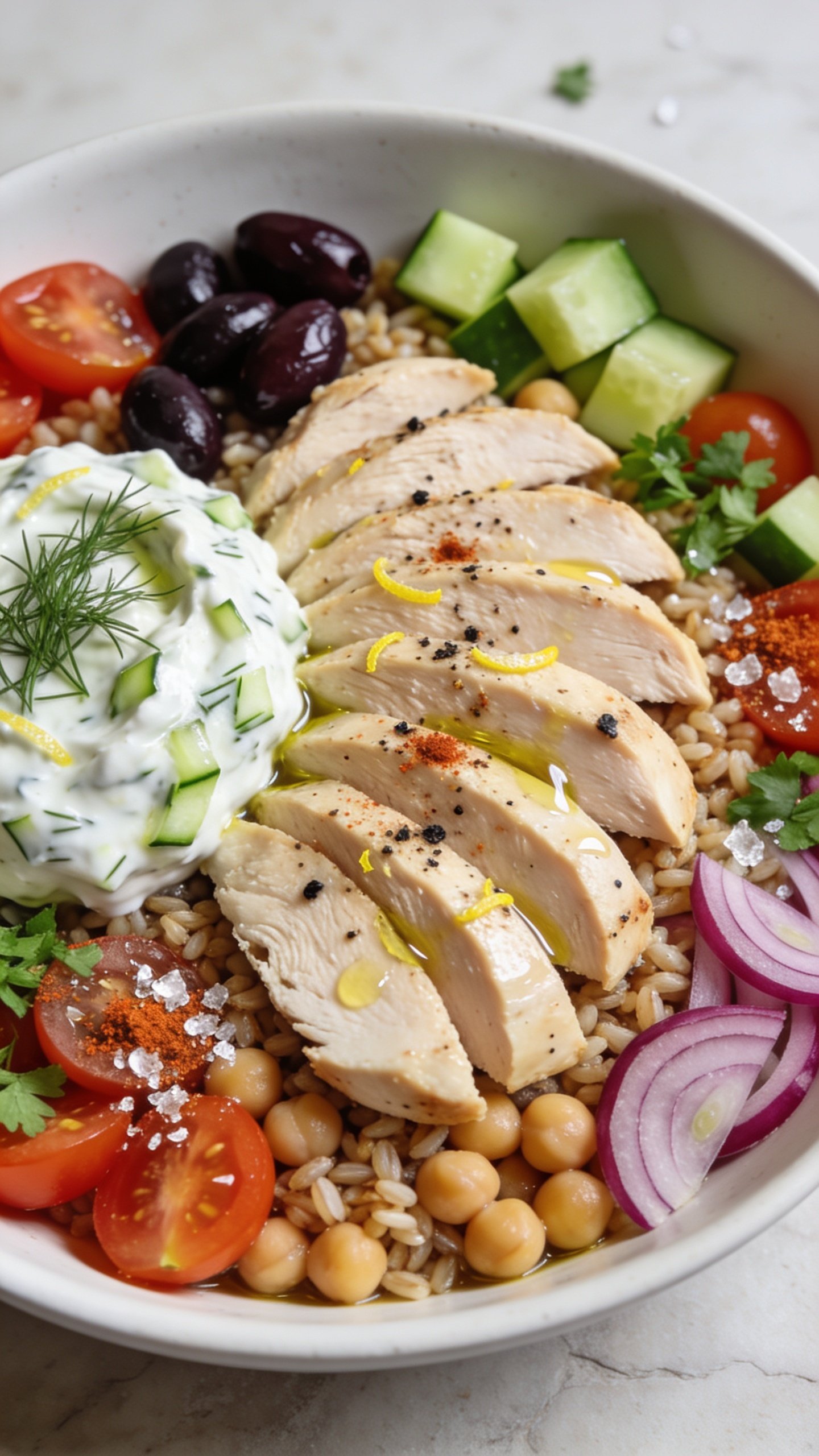 Macro close-up from a different angle: focus on the sliced chicken fanned over farro and chickpeas with glossy olive oil, coarse black pepper, and lemon zest visible; tzatziki dolloped thick with grated cucumber texture and dill; scattered cherry tomato halves, crisp cucumber cubes, thin red onion crescents, kalamata olives, and chopped parsley; a light sprinkle of sumac and flaky sea salt; bright natural top-side lighting, shallow depth of field, food filling 90–95% of frame in the same matte white bowl on a light stone surface, cohesive styling, no text.