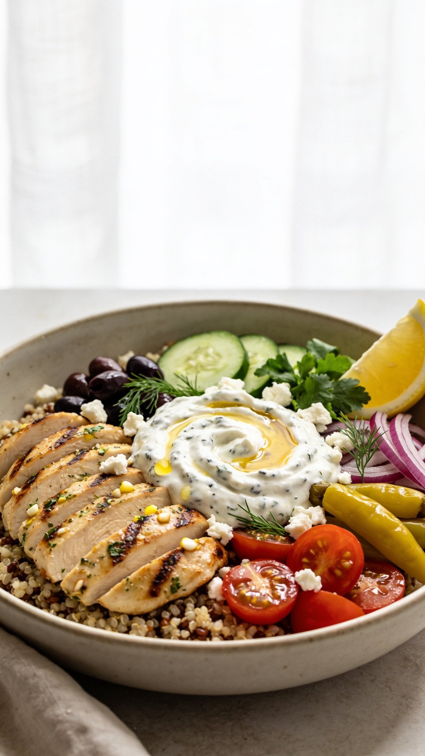 Ultra-close hero shot of a High Protein Greek Chicken Bowl, beautifully composed in a shallow ceramic bowl: juicy grilled chicken breast sliced into thick, glistening strips with visible herb flecks (oregano, garlic, lemon zest) and light char marks; fluffy quinoa and brown rice blend as the base; crisp cucumber half-moons, cherry tomatoes halved and glossy, thin red onion crescents, kalamata olives, and bright yellow pepperoncini; a generous dollop of thick, speckled tzatziki swirled on top with a drizzle of golden extra-virgin olive oil; crumbled feta scattered, fresh dill and parsley leaves for a final pop; a lemon wedge tucked at the rim. Bright natural window light, shallow depth of field, 90â95% food in frame, premium food-blog styling, clean neutral background, everything fresh, vibrant, and cohesive.