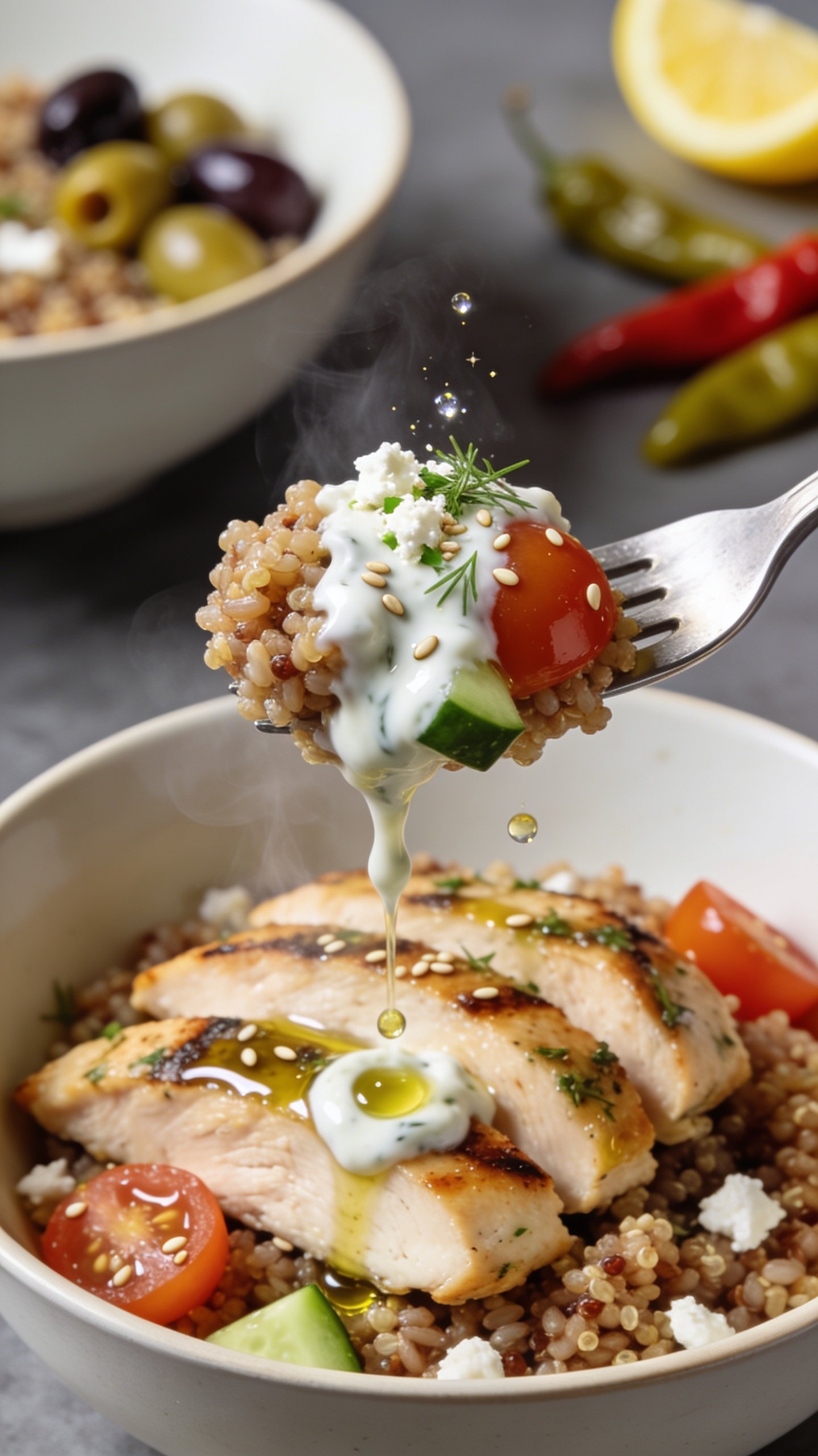 Dynamic action close-up capturing the perfect bite being lifted with a fork one inch above the bowl: the fork spears a mouthwatering stackâjuicy herb-grilled chicken slice with glossy olive oil sheen, a scoop of quinoa-brown rice grains clinging together, a tangy swipe of thick tzatziki trailing from the bite, a burst of color from a cherry tomato half and a tiny cucumber piece; a few sesame-sized droplets of olive oil sparkle, micro-sprinkles of crumbled feta and minced dill cling to the tzatziki; faint steam rising from the warm chicken and grains. Background shows the same Greek bowl softly blurred with olives, pepperoncini, and lemon wedge visible. Bright natural lighting, shallow depth of field, 90â95% food in frame, no hands, only the fork and the irresistible bite.