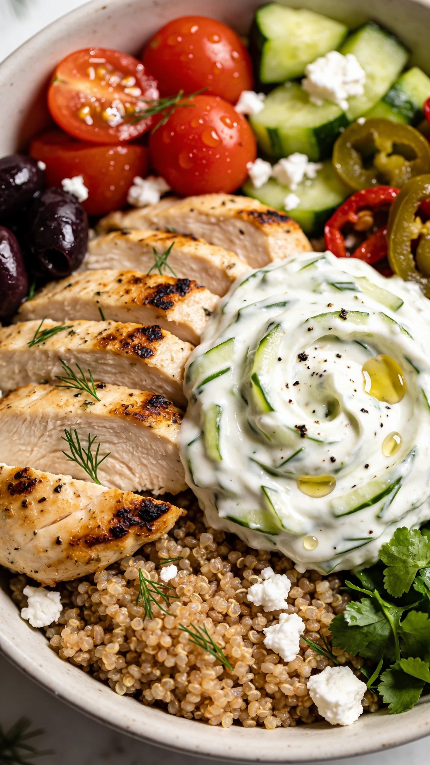 Extreme close-up from a slightly angled overhead side view of the same finished Greek Chicken Bowl, emphasizing texture and gloss: focus on the sliced herby chicken with crisp edges and char, tzatziki swirled thick with cucumber shreds and black pepper, olive oil glistening in tiny pools; quinoa-brown rice grains fluffy and distinct; juicy cherry tomato halves beaded with moisture, crunchy cucumber, briny kalamata olives, pepperoncini with a slight sheen, snowy crumbles of feta, fresh dill and parsley scattered. Bright natural light, shallow depth of field isolating the chicken and tzatziki while the rest softly blurs, 90â95% food in frame, consistent bowl and styling as image