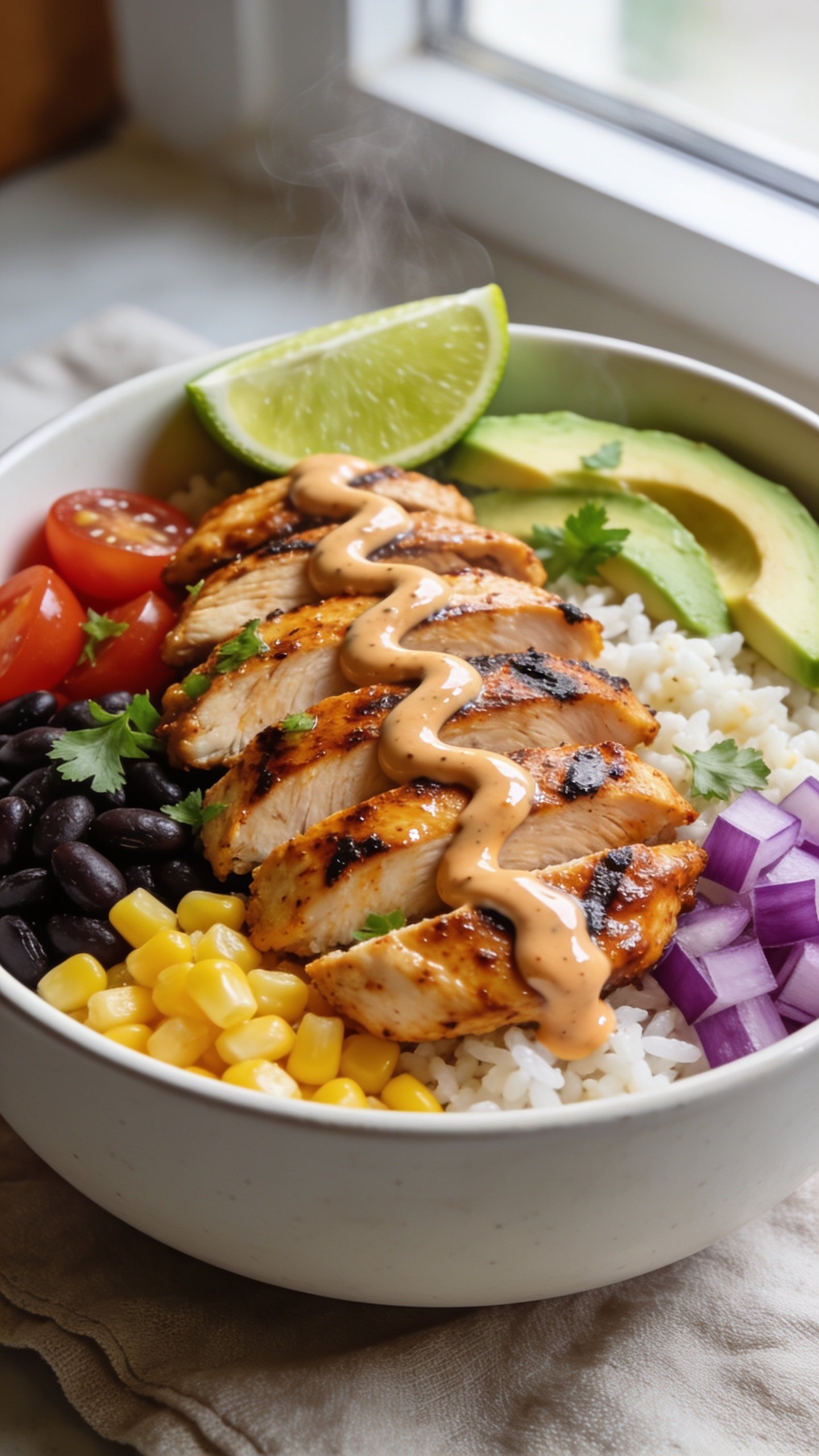 Ultra-close hero shot of a high-protein Chipotle chicken bowl, styled like a premium food blog: grilled chipotle-lime chicken sliced into glossy, juicy pieces with light char, arranged over fluffy white rice (or cauliflower rice), black beans, fire-roasted corn, diced red onion, ripe avocado slices, ruby cherry tomatoes, and fresh cilantro; a creamy chipotle-yogurt drizzle zigzagged over the top, a lime wedge nested at the rim; bright natural window light, shallow depth of field, matte white ceramic bowl on a neutral linen, warm tones, vibrant colors, visible steam subtly rising, food filling 90â95% of frame.