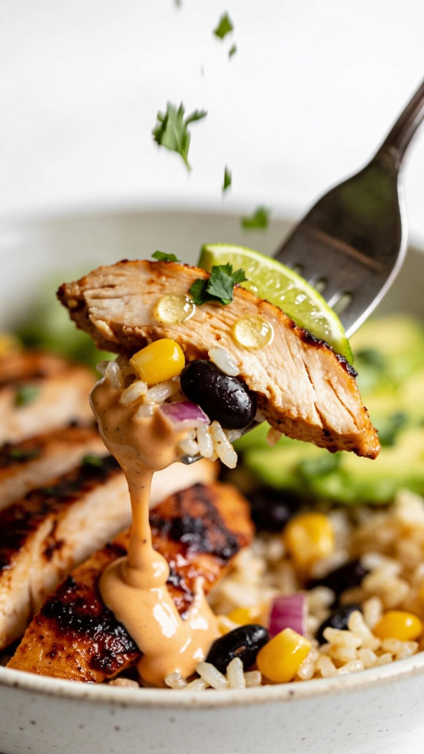 Dynamic action close-up capturing the single most irresistible bite: a fork lifting the perfect mouthful from the same bowlâone juicy slice of chipotle-lime chicken with glossy char, a few rice grains clinging, a black bean, a corn kernel, a fleck of red onion, and a swipe of creamy chipotle-yogurt sauce stretching slightly from the bowl; micro-beads of lime on the chicken, a sprinkle of cilantro caught mid-fall; shallow depth of field with the rest of the bowl blurred behind, bright natural lighting, food filling 90â95% of frame, no hands visible, motion frozen one second before the bite.