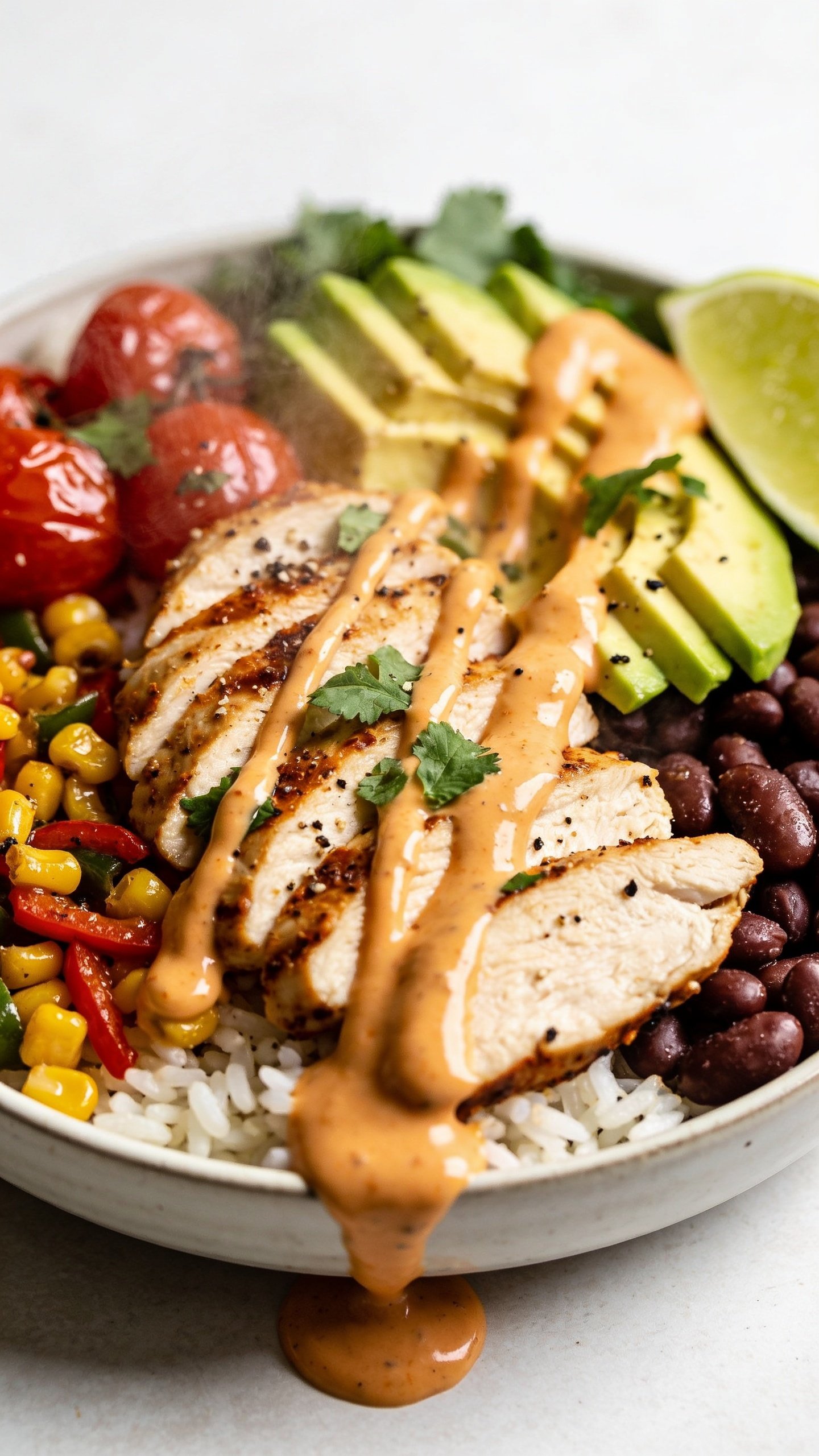 Tight macro angle from 45 degrees, emphasizing textures and gloss: the same finished chipotle chicken bowl with chicken slices fanned across rice, beans tucked alongside, roasted corn and peppers scattered for crunch, avocado fanned, cherry tomatoes glistening, and a thick, glossy chipotle-yogurt drizzle pooling in luscious ribbons; fresh cilantro leaves and coarse black pepper sprinkled on top; lime wedge at the edge; bright natural light, shallow depth of field highlighting juicy chicken and creamy sauce, subtle steam, food filling 90â95% of frame, clean neutral backdrop for a cohesive, pro food shoot look.
