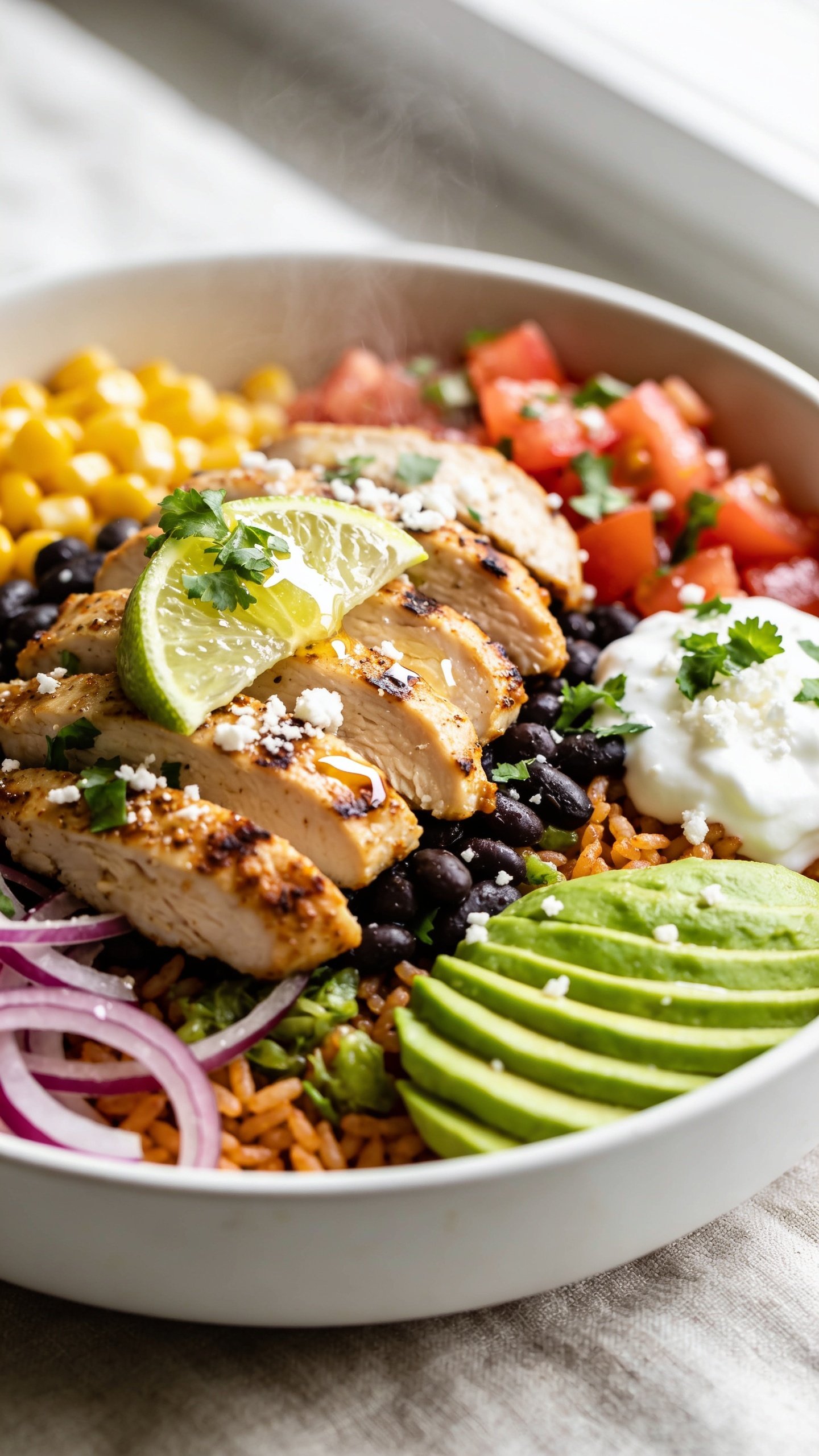 Ultra-close hero shot of a high-protein taco chicken bowl, composed identically each time: sliced, juicy spice-rubbed chicken breast with light char, arranged over warm cilantro-lime rice and black beans, surrounded by sweet corn, diced ripe tomato salsa, thinly sliced red onion, creamy avocado fan, and a dollop of Greek yogurt or sour cream, finished with fresh chopped cilantro, a sprinkle of cotija, and a glossy squeeze of fresh lime over the chicken. Bright natural window light from the side, shallow depth of field, vibrant taco-shop colors, slight glisten on the chicken and beans, steam subtly rising from the rice, no hands, no text, food filling 90–95% of frame in a matte white bowl on a neutral linen.
