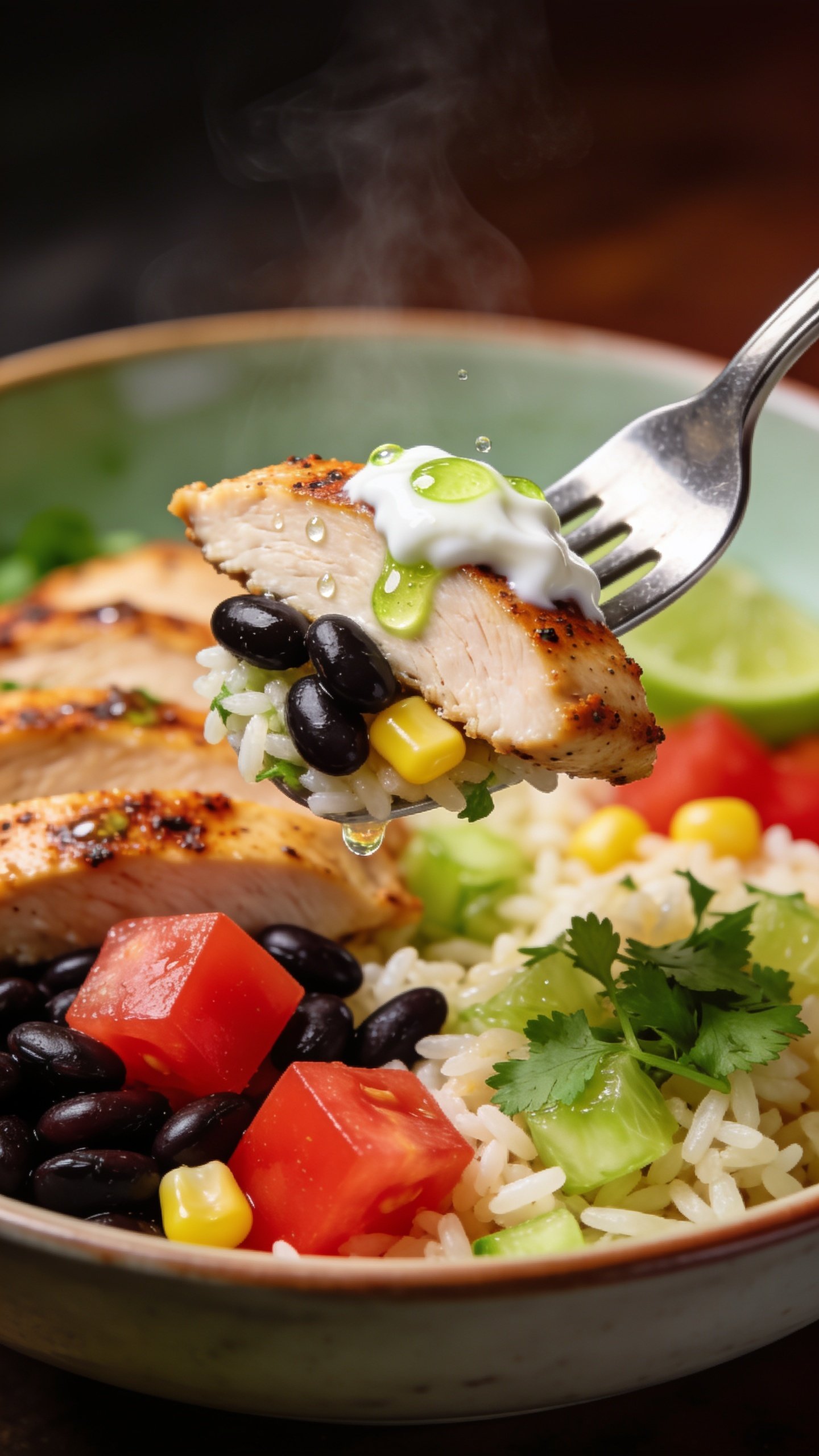 The irresistible bite: a stainless fork lifting the perfect mouthful from the same bowl—one slice of juicy spice-rubbed chicken, a few glossy black beans, a bit of cilantro-lime rice, a cube of tomato, a kernel or two of corn, and a smear of creamy Greek yogurt clinging to the chicken, micro-droplets of lime juice glistening on the surface. Frozen midair one second before the bite, shallow depth of field with the rest of the bowl softly blurred, bright natural lighting, steam faintly rising, vibrant reds/greens/yellows popping, no hands visible, food filling 90–95% of frame, premium food-magazine drama and movement.