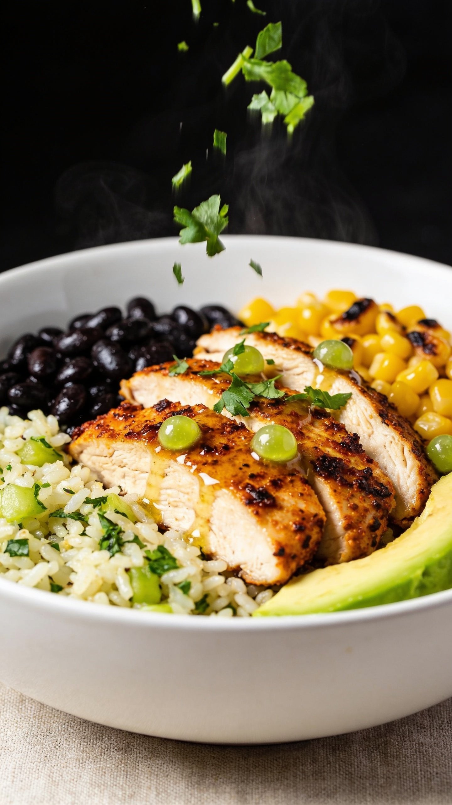 Macro close-up from a low 3/4 angle of the same finished bowl, emphasizing textures: glistening taco-spice crust on the chicken slices, fluffy cilantro-lime rice grains, glossy black beans, char-kissed corn, creamy avocado edges, and a drizzle of fresh lime visible as tiny beads on the chicken. Freshly chopped cilantro sprinkled mid-fall, frozen in motion above the bowl. Bright natural light, shallow depth of field, rich contrast and saturation, steam gently rising, no people, food filling 90–95% of frame, consistent styling with a matte white bowl and neutral linen background.