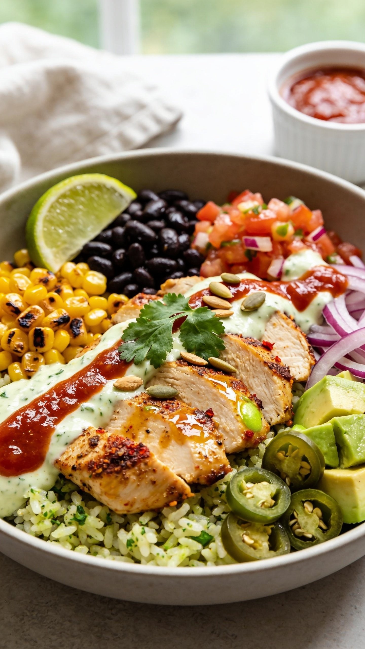 Ultra-close hero shot of a High Protein Mexican Chicken Rice Bowl: sliced juicy grilled chicken breast seasoned with chili, cumin, smoked paprika, and lime, glistening with a light chipotle-lime glaze; base of fluffy cilantro-lime rice; toppings arranged in neat, vibrant sectionsâcharred corn kernels, black beans, pico de gallo, thinly sliced red onion, diced ripe avocado, and a few jalapeĂąo slices; a drizzle of creamy cilantro-lime yogurt sauce and a spooned ribbon of glossy red salsa; lime wedge tucked at the edge and a sprinkle of fresh cilantro leaves and toasted pumpkin seeds on top. Bright natural window light, shallow depth of field, food filling 90â95% of frame, premium food-blog styling on a matte neutral bowl with minimal background blur of a linen napkin and a small ramekin of salsa.