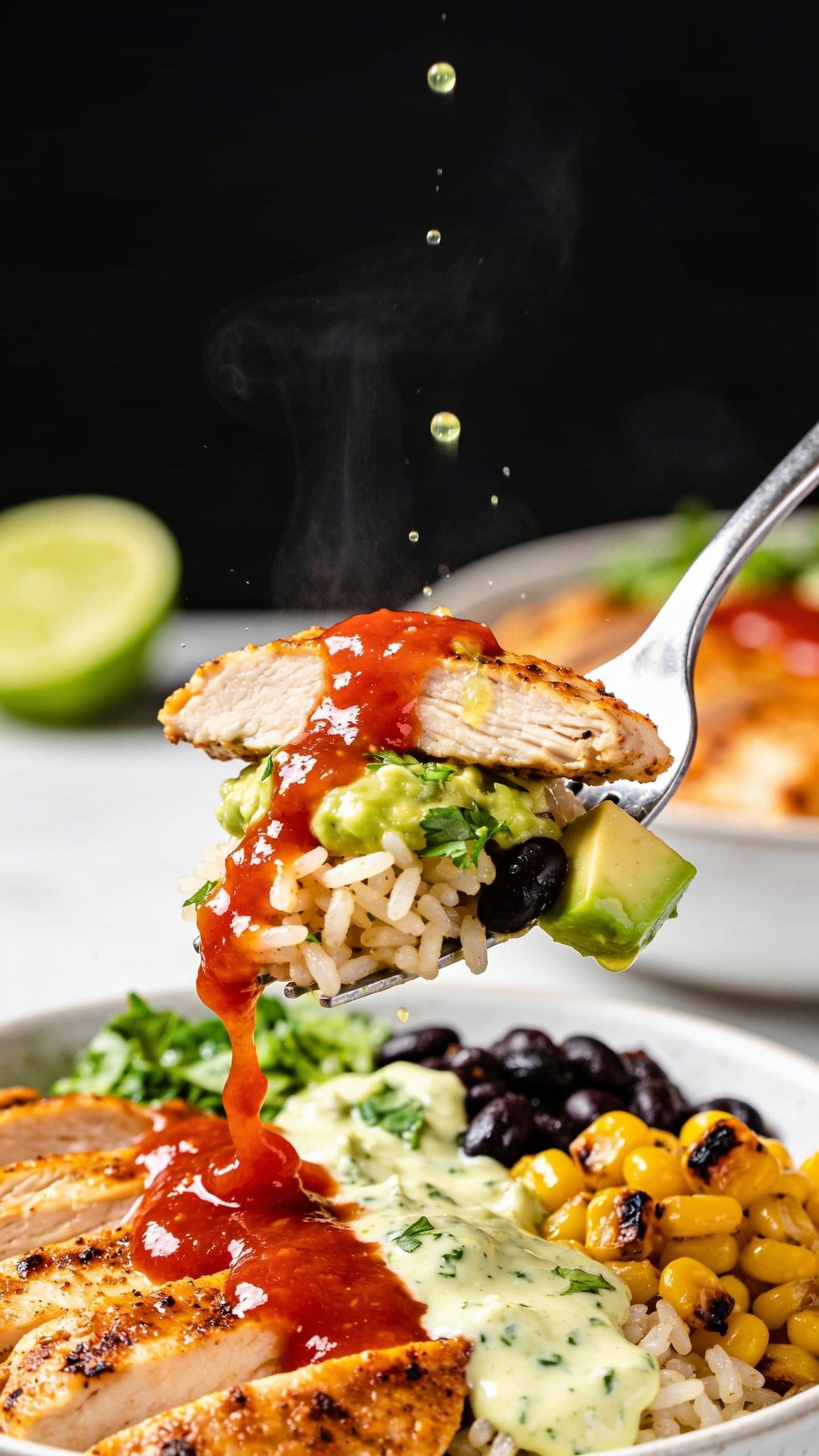Dynamic action close-up capturing the perfect bite: a fork lifting a stacked, irresistible forkful from the same Mexican chicken rice bowlâone glistening slice of spiced chicken, a scoop of cilantro-lime rice, a bit of black bean and charred corn, a glossy strand of red salsa, a smear of creamy cilantro-lime sauce, and a tiny cube of avocado clinging to the side; steam faintly rising; micro-beads of lime juice shimmering; the bowl blurred in the background with the same toppings and lime wedge visible. Bright natural lighting, shallow depth of field, food filling 90â95% of frame, no hands or people, movement frozen one second before the bite reaches the mouth, rich textures and vibrant colors.