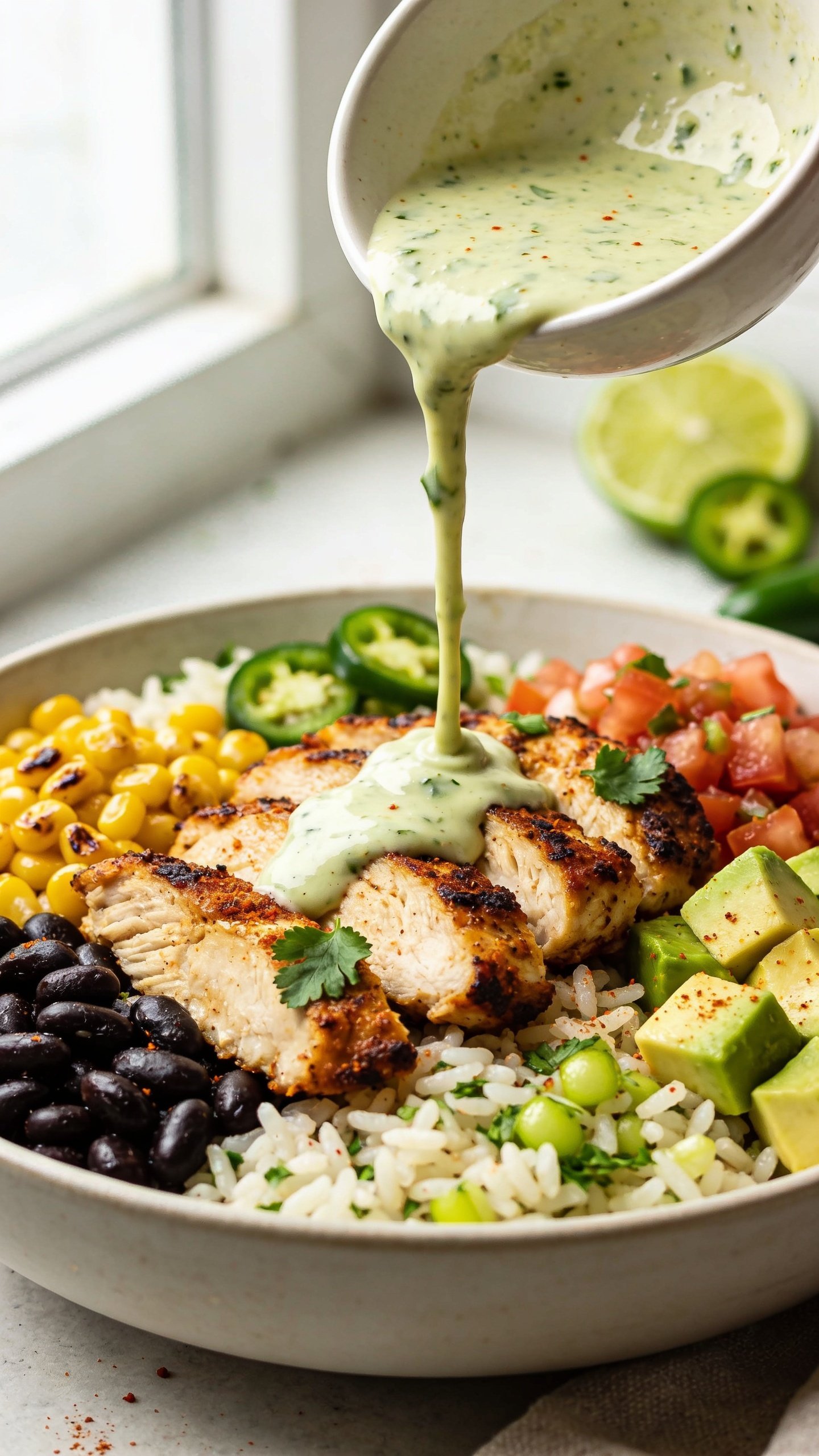 Extreme close-up from a different angle focusing on textures and gloss: the same assembled Mexican chicken rice bowl shot at a low 3/4 angle, emphasizing juicy, seared edges of the chili-cumin chicken, fluffy cilantro-lime rice grains, glossy black beans, blistered corn, creamy avocado cubes, and fresh pico de gallo; a slow drizzle of creamy cilantro-lime sauce mid-pour over the chicken, with a few cilantro leaves freshly scattered and specks of chili dust visible; lime wedge and jalapeĂąo slices peeking in the background bokeh. Bright natural window light, shallow depth of field, food filling 90â95% of frame, cohesive premium styling consistent with the other images.